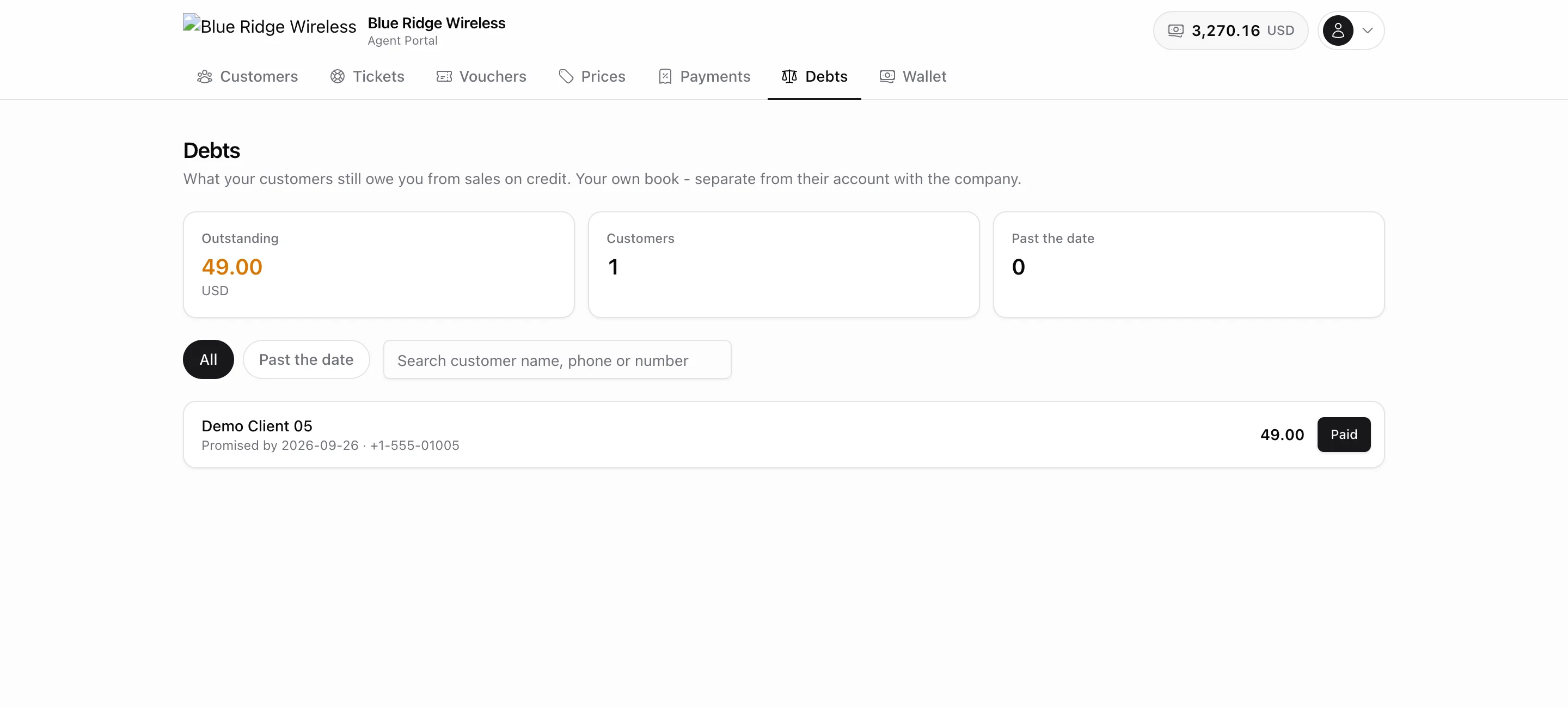 The Debts page: Outstanding 49.00 USD, 1 customer, 0 past the date, an All / Past the date filter, a search box and one row per debtor with a Paid button