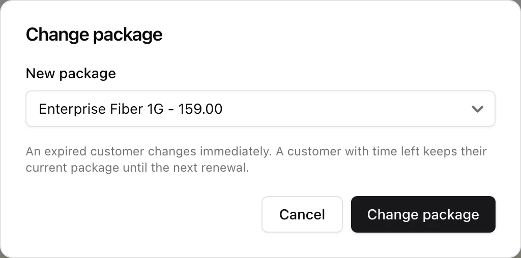 Change package modal with the new package priced at the agent's customer price and the rule about expired versus running customers