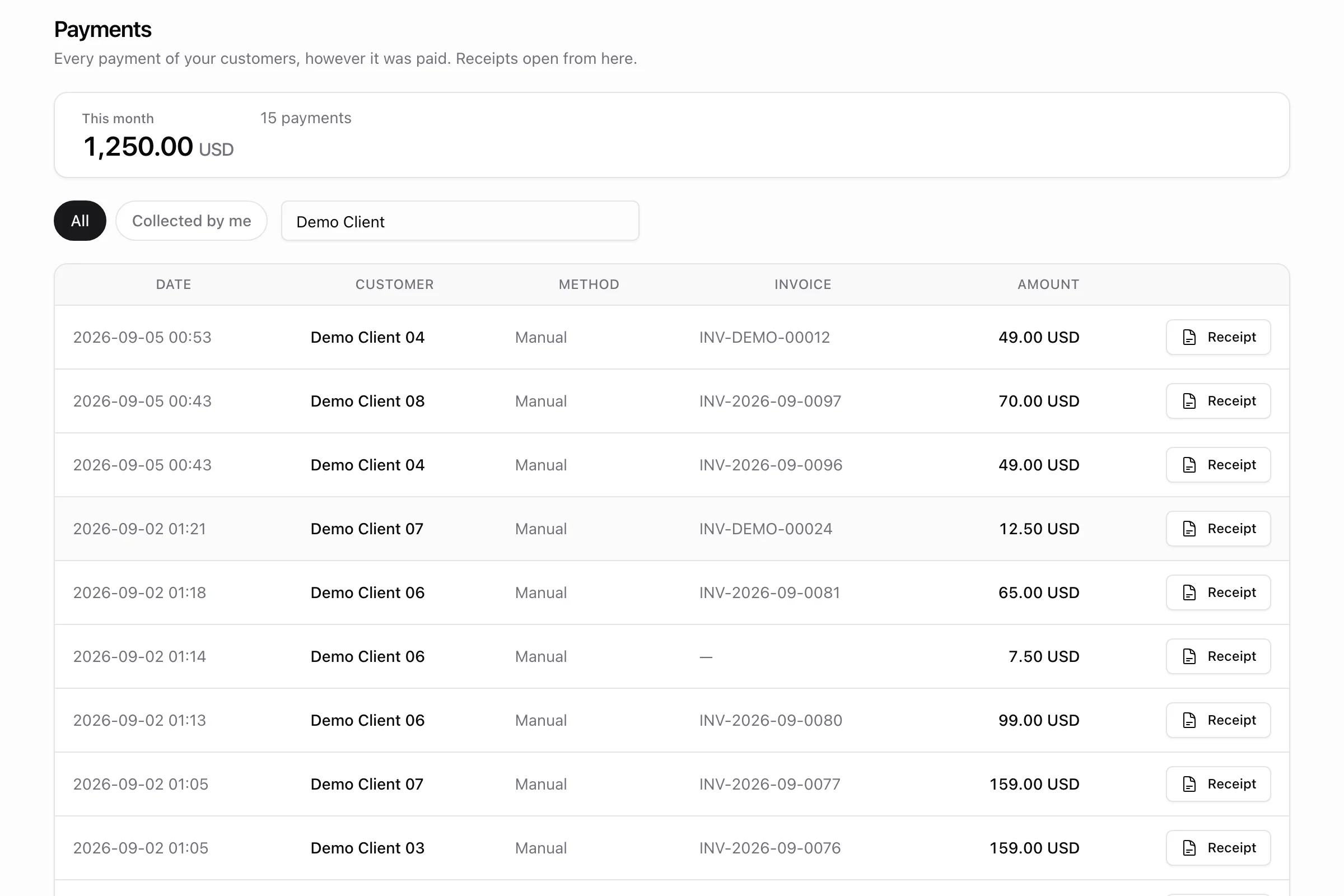 Agent payments page: this-month total, the All / Collected by me chips, a search box and the payment table with method, invoice and receipt buttons