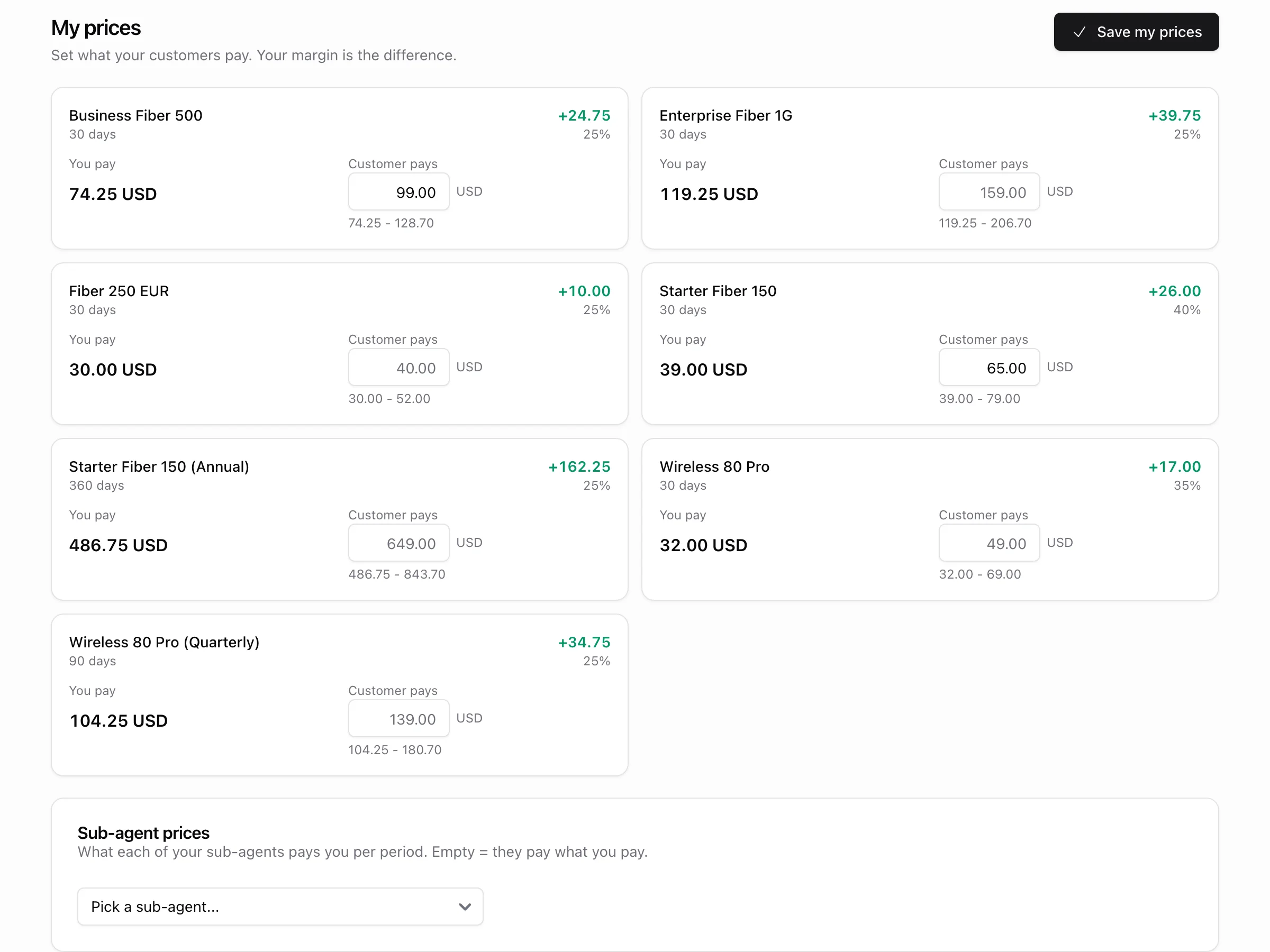 Agent prices page: one card per package with what the agent pays, an editable customer price, the allowed range and the margin, plus the sub-agent prices card