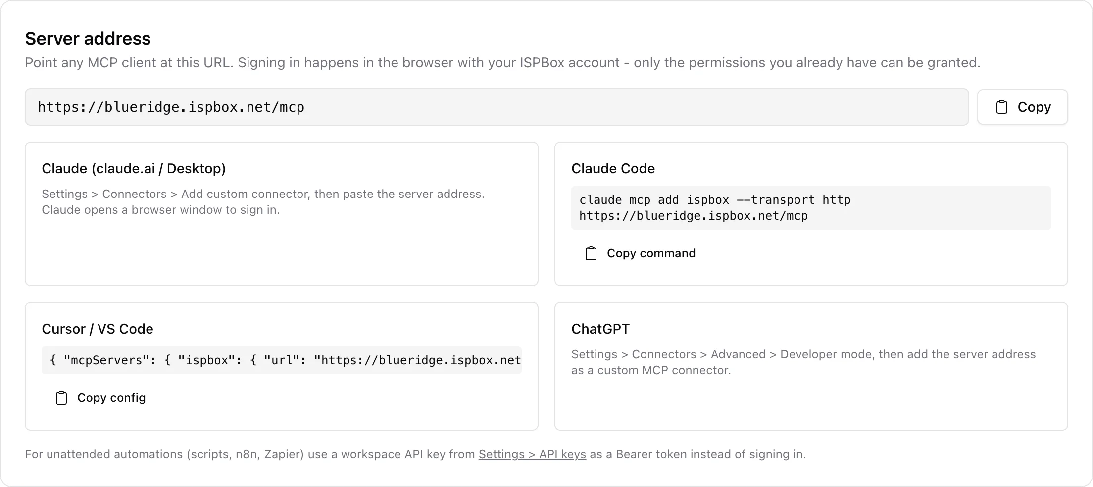 The AI Assistant page in ISPBox: the workspace MCP server address with copy button and setup cards for Claude, Claude Code, Cursor and ChatGPT