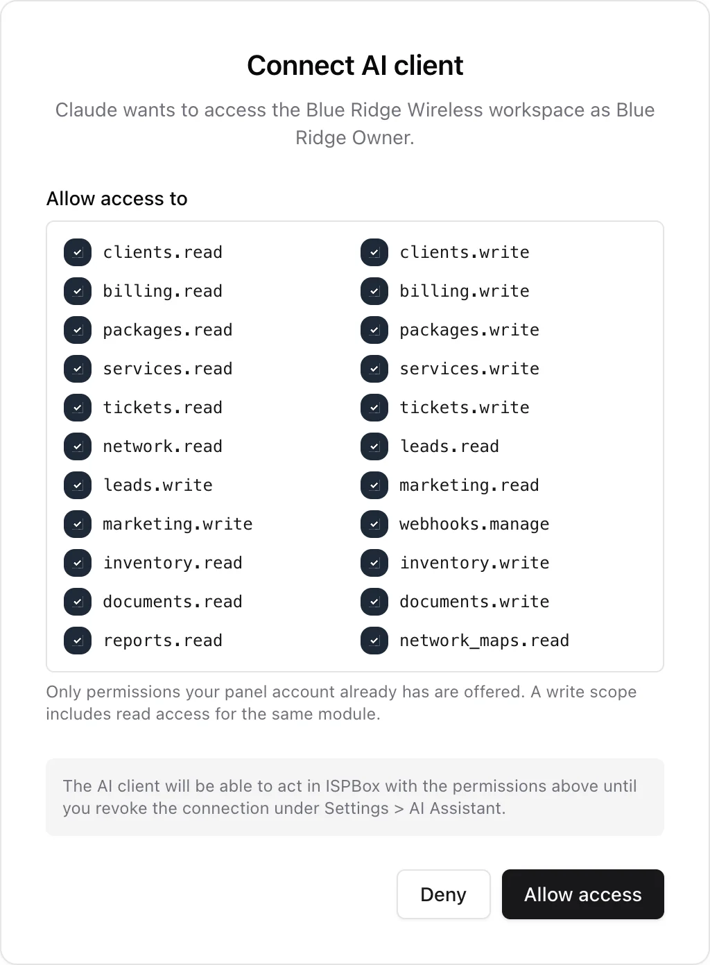 The ISPBox consent screen during AI connection: checkboxes for each permission scope such as clients.read, billing.write and tickets.write, with Deny and Allow access buttons