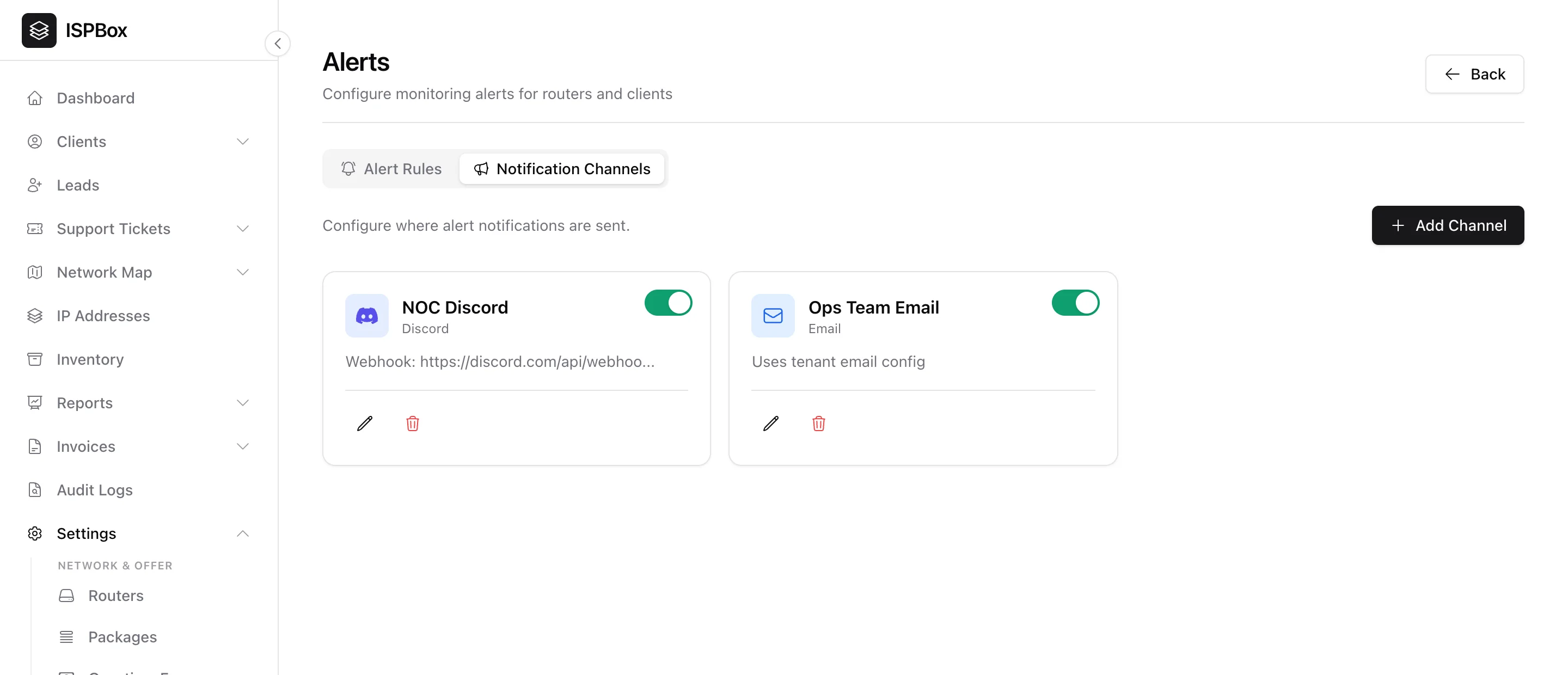 The Alerts notification channels tab with a Discord webhook and an email channel