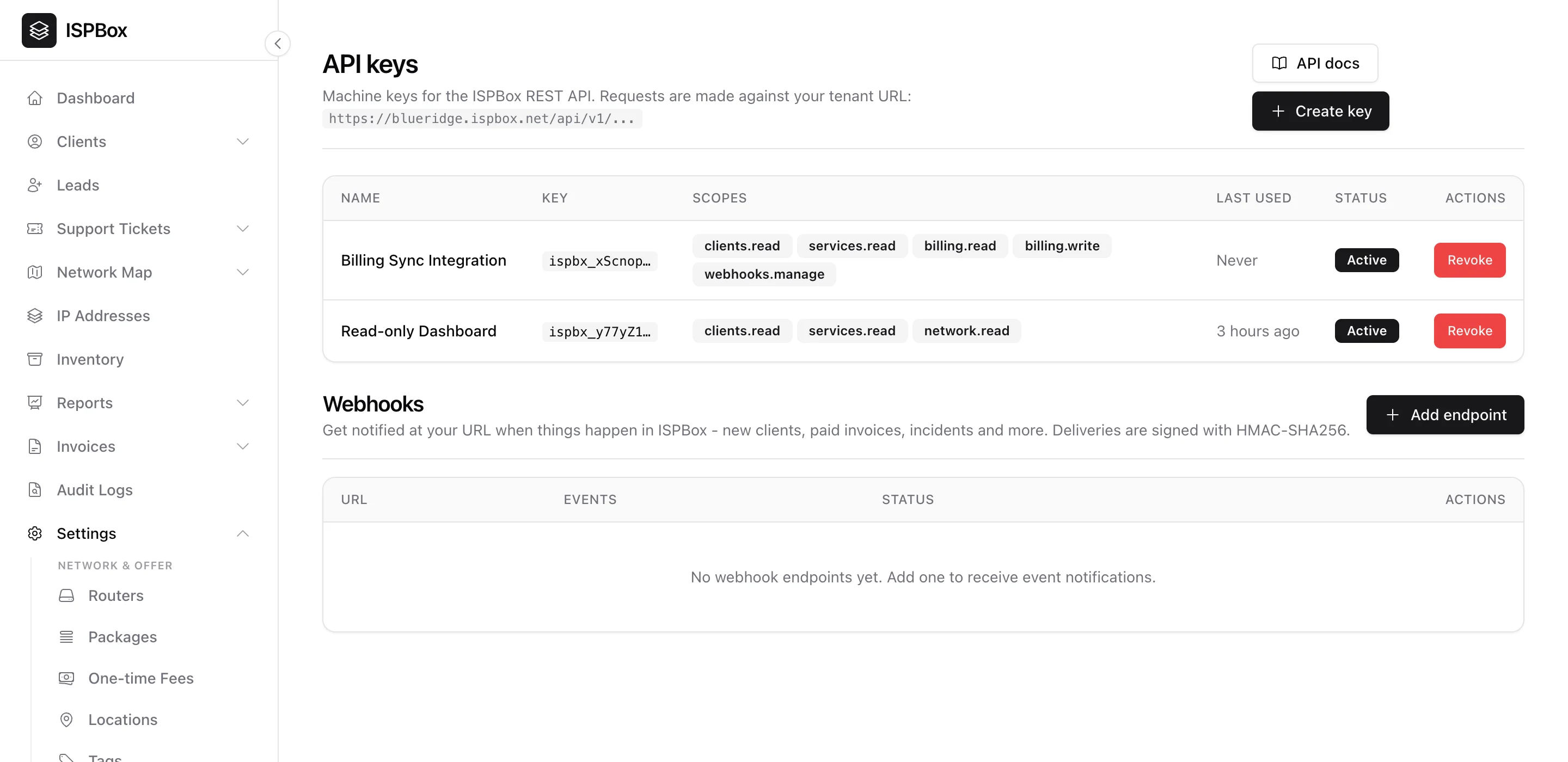 The API keys page with machine keys, scopes and a webhooks section