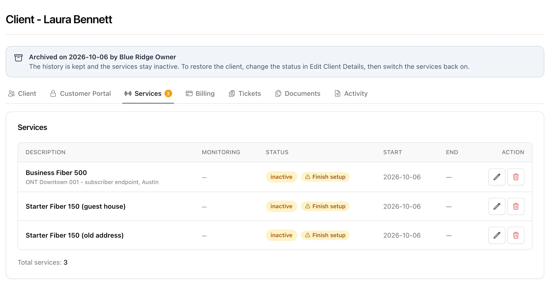 An archived client page: a banner with the date and the staff member, and the services listed as inactive