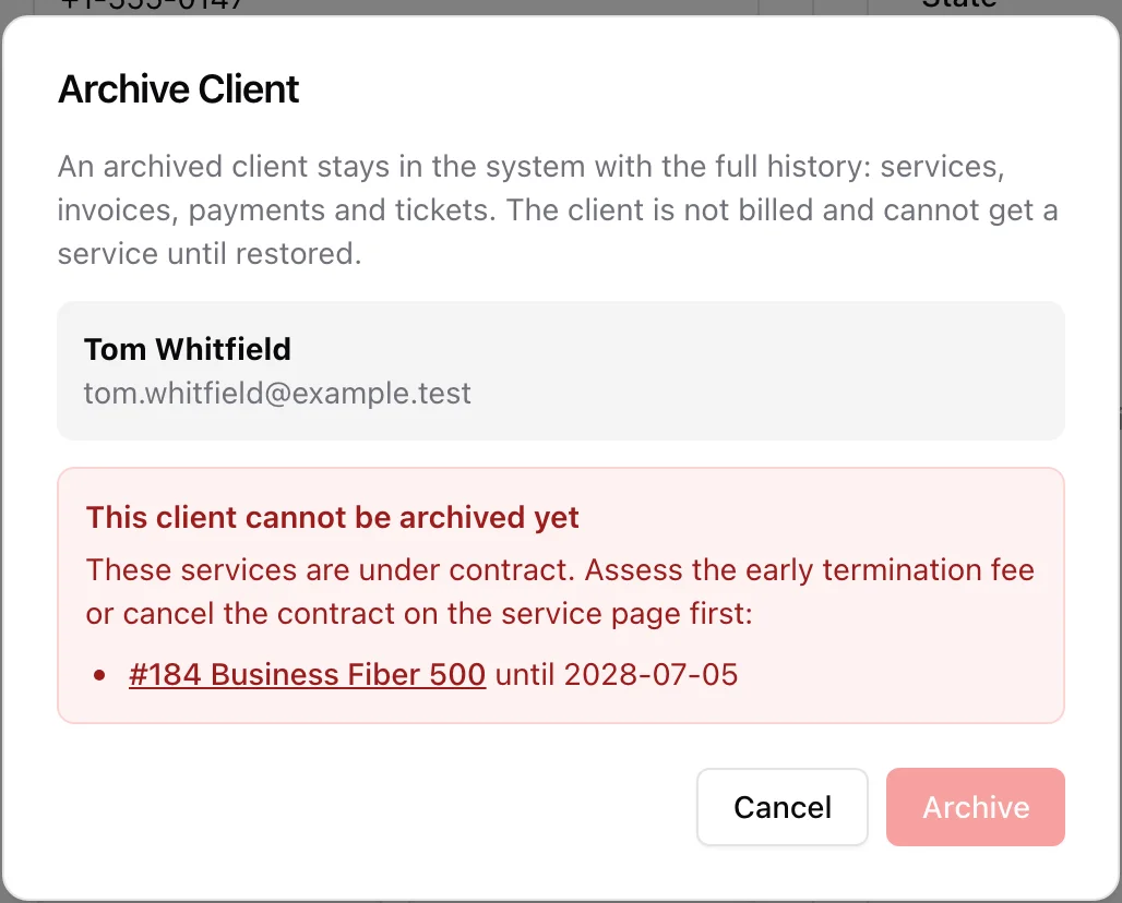 The Archive Client dialog blocked because a service is under contract, with a link to that service