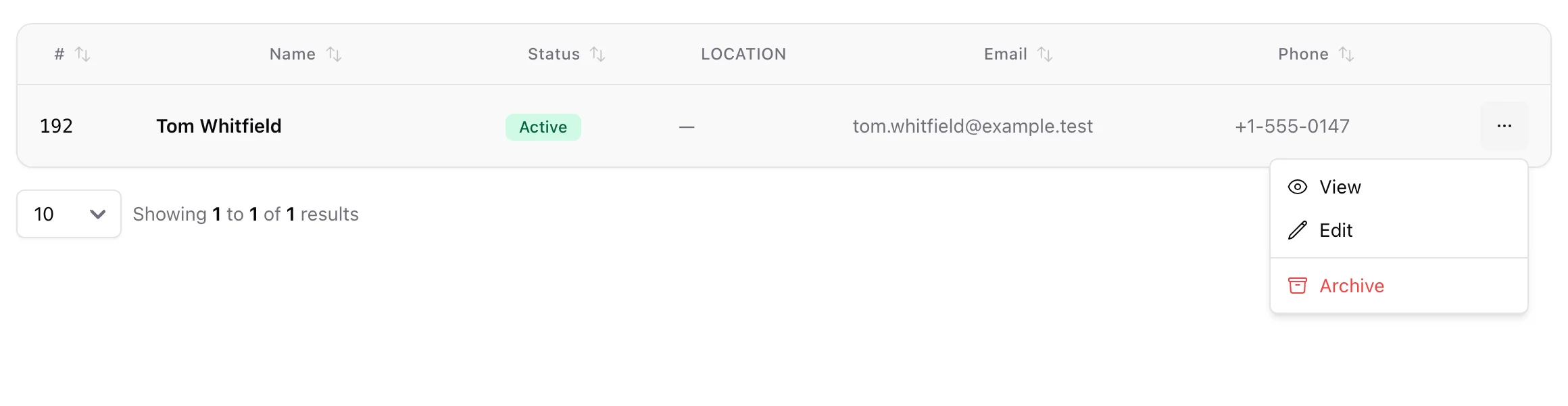 The row menu in the client list with View, Edit and Archive