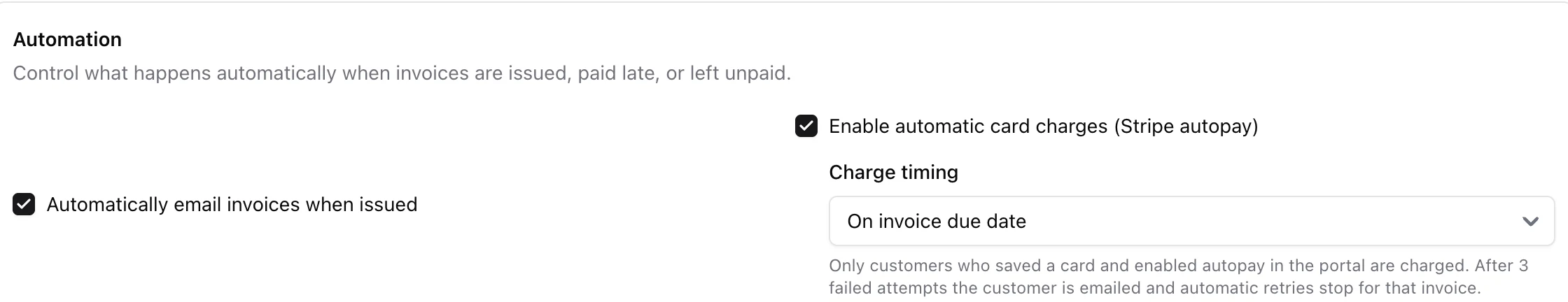 Automation settings with Enable automatic card charges turned on and charge timing set to On invoice due date