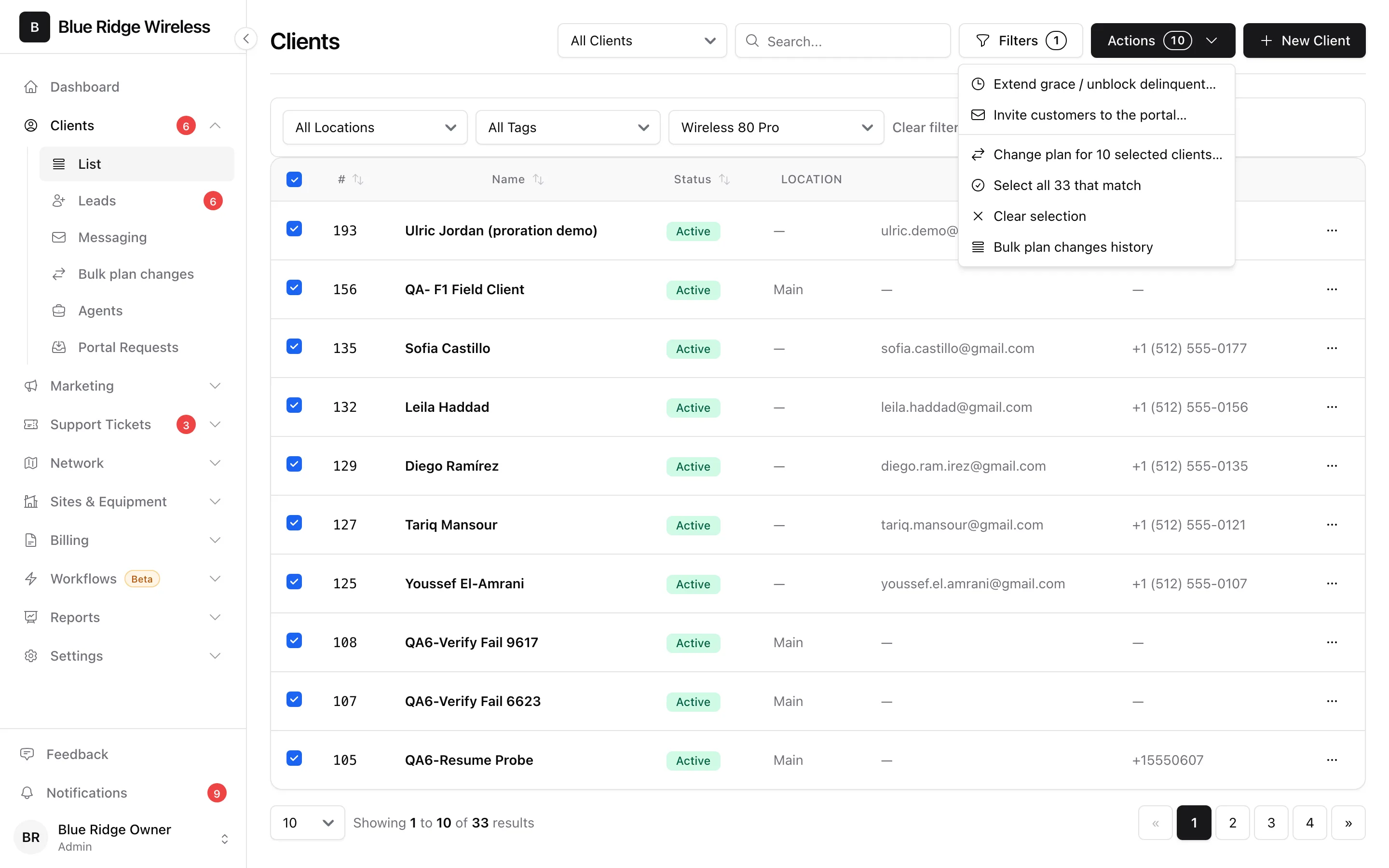 The client list filtered by a plan with the clients ticked, and the Actions menu open on Change plan for the selected clients