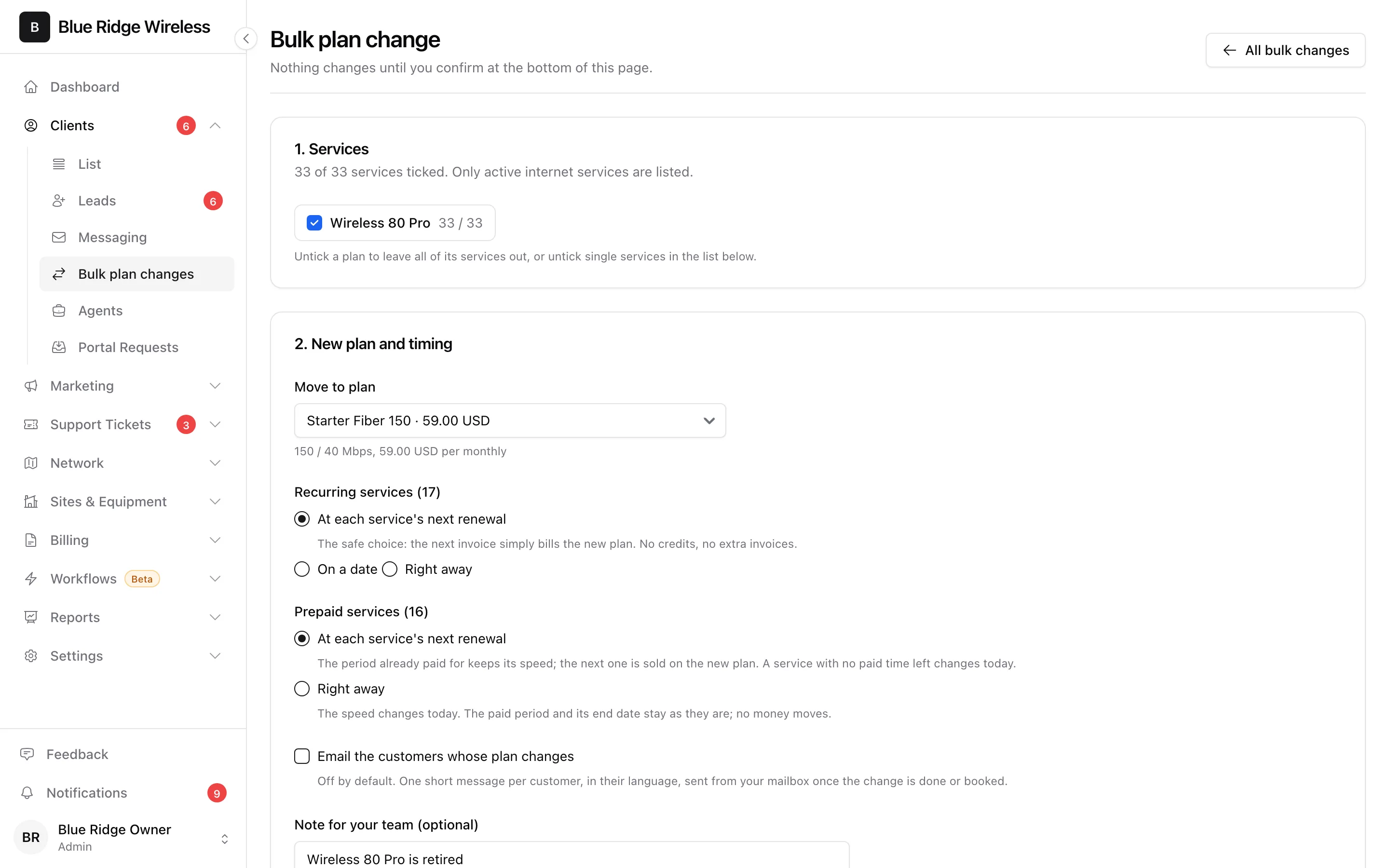 The bulk plan change page: the services step with the source plan, and the new plan and timing step with choices for recurring and prepaid services
