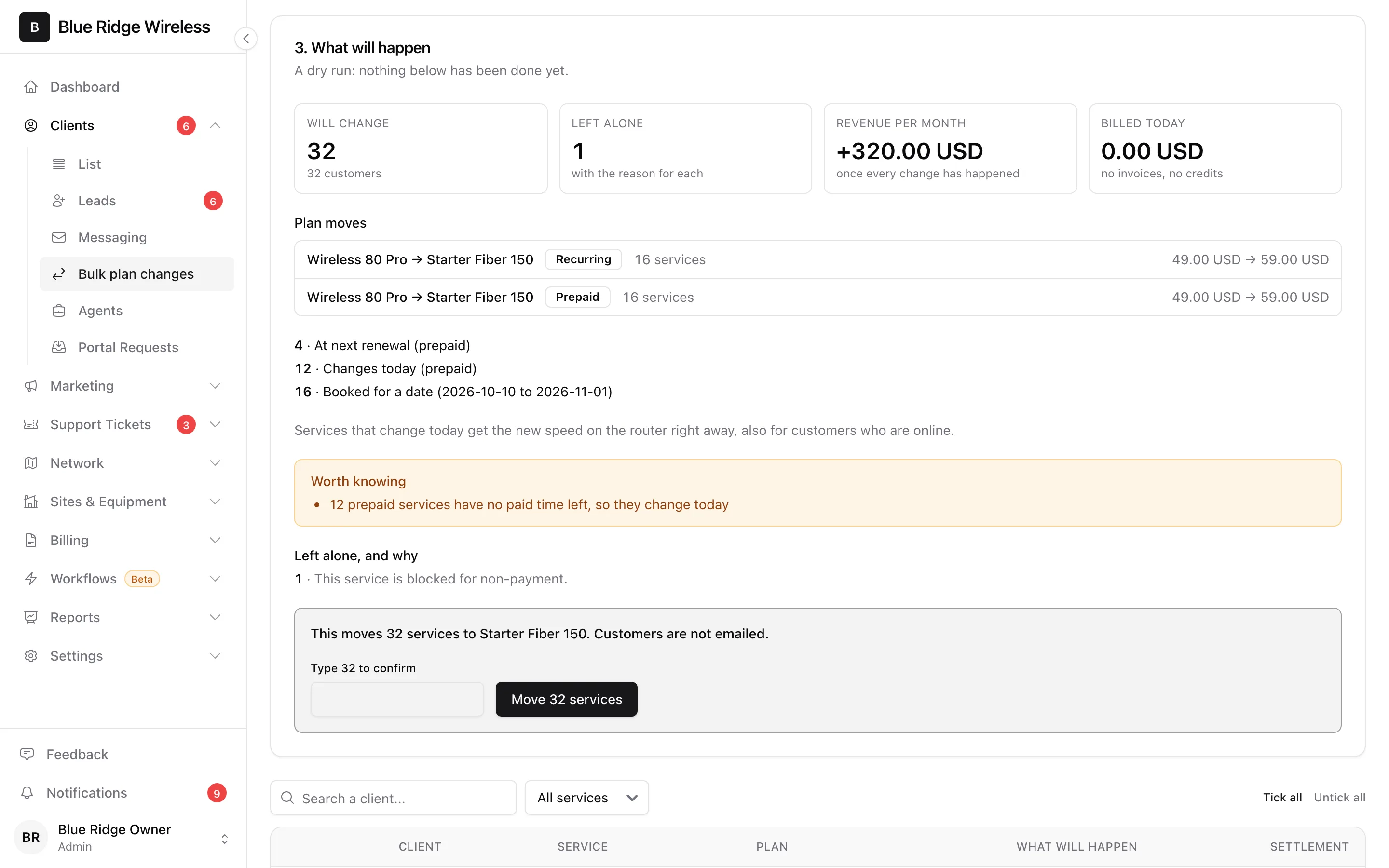 The preview: how many services will change and how many are left alone, the change in revenue per month, the plan moves with old and new price, notes worth knowing and the confirmation box