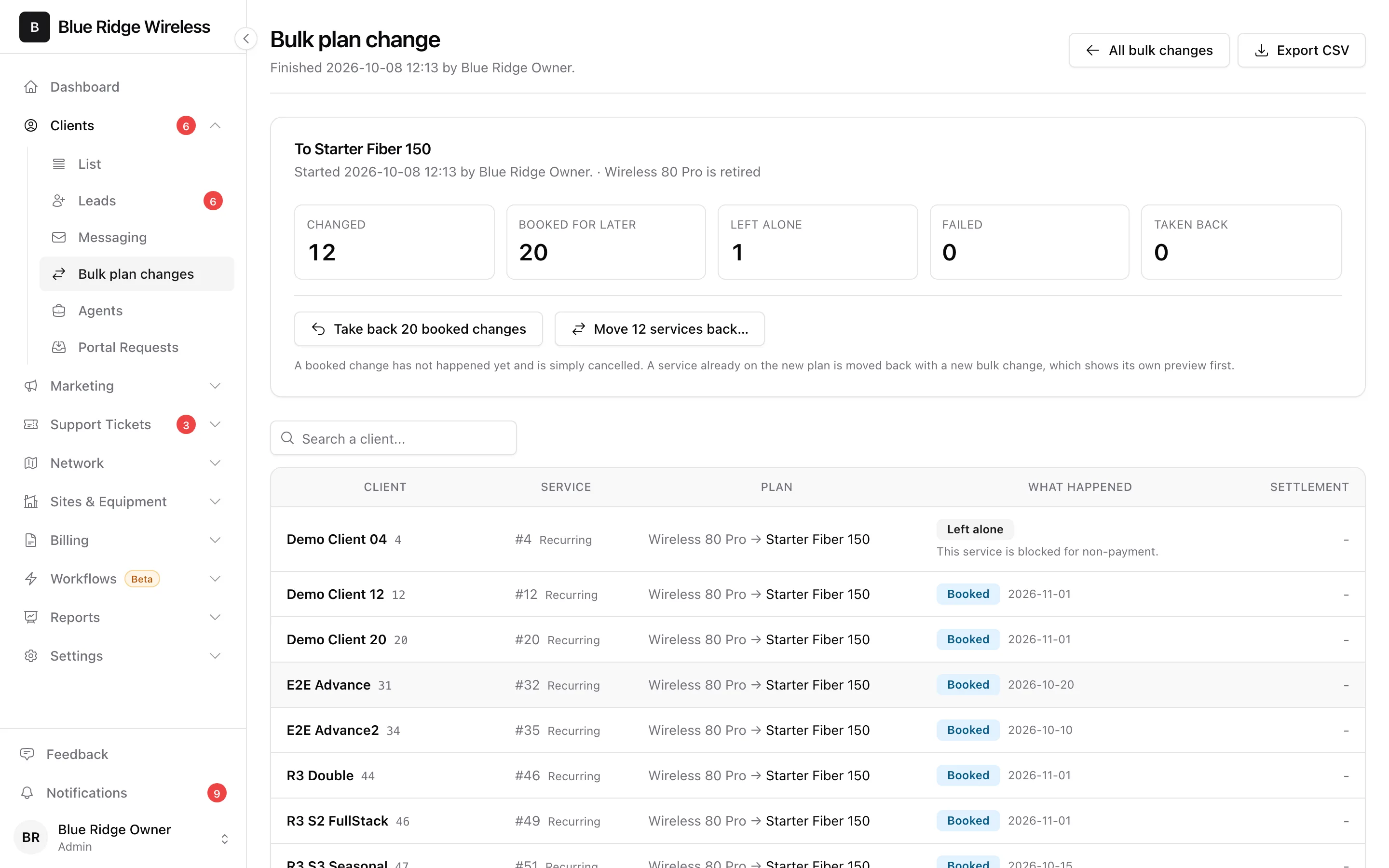 The result page with counts for changed, booked for later, left alone, failed and taken back, and the list of services with their outcome