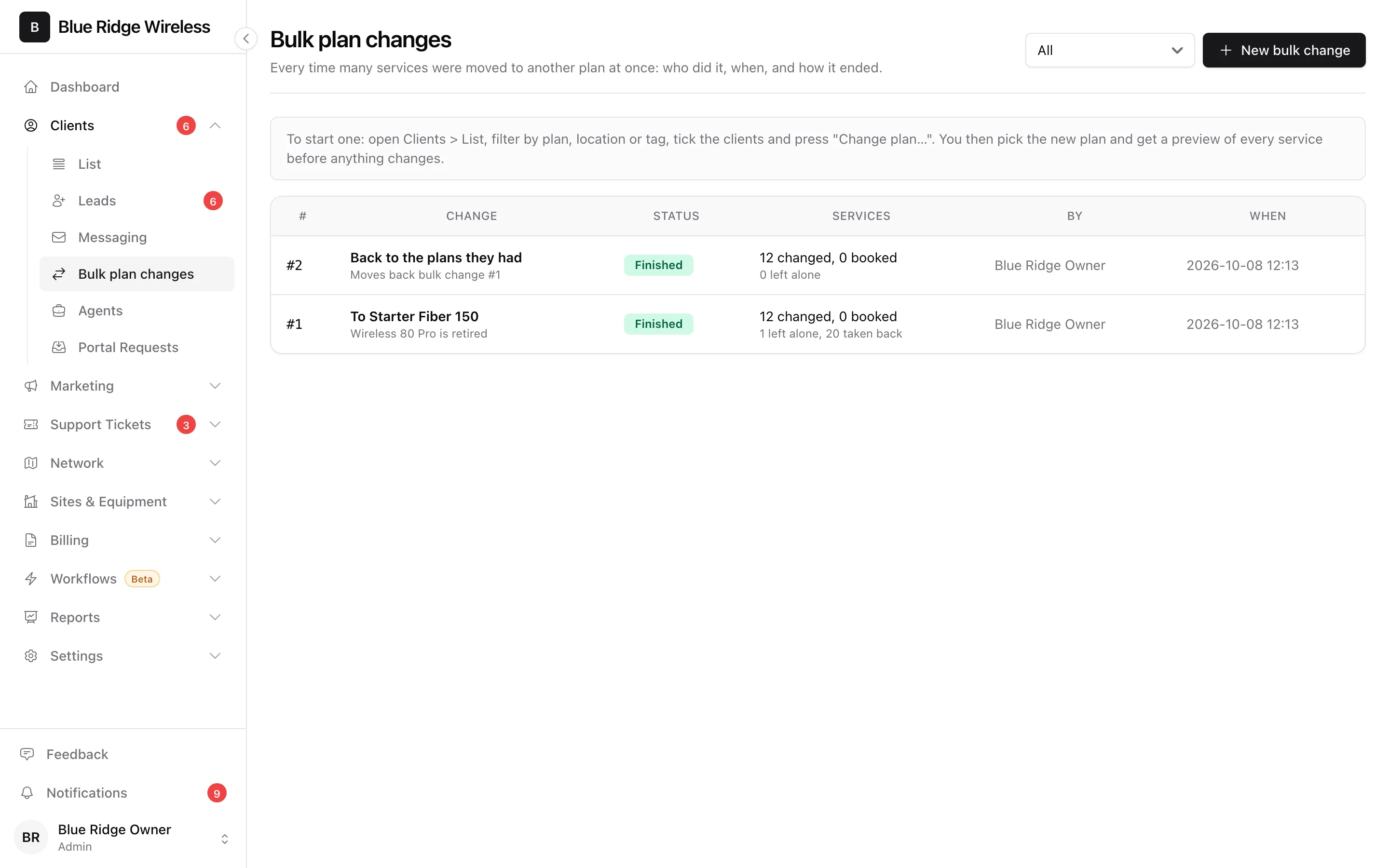 The list of bulk plan changes with number, target plan, status, counts, who ran it and when