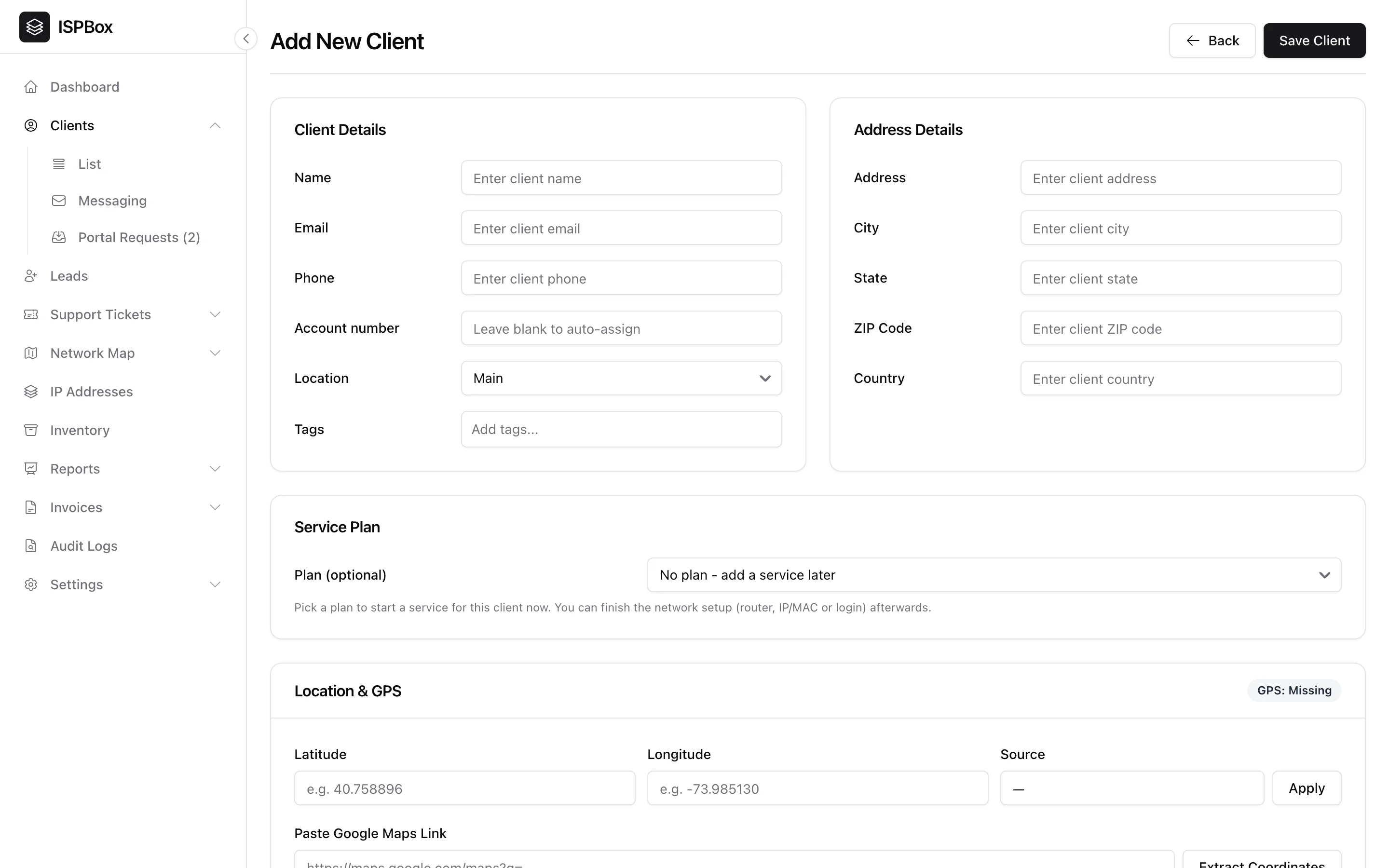 The Add New Client form with client details, address, an optional service plan and GPS location