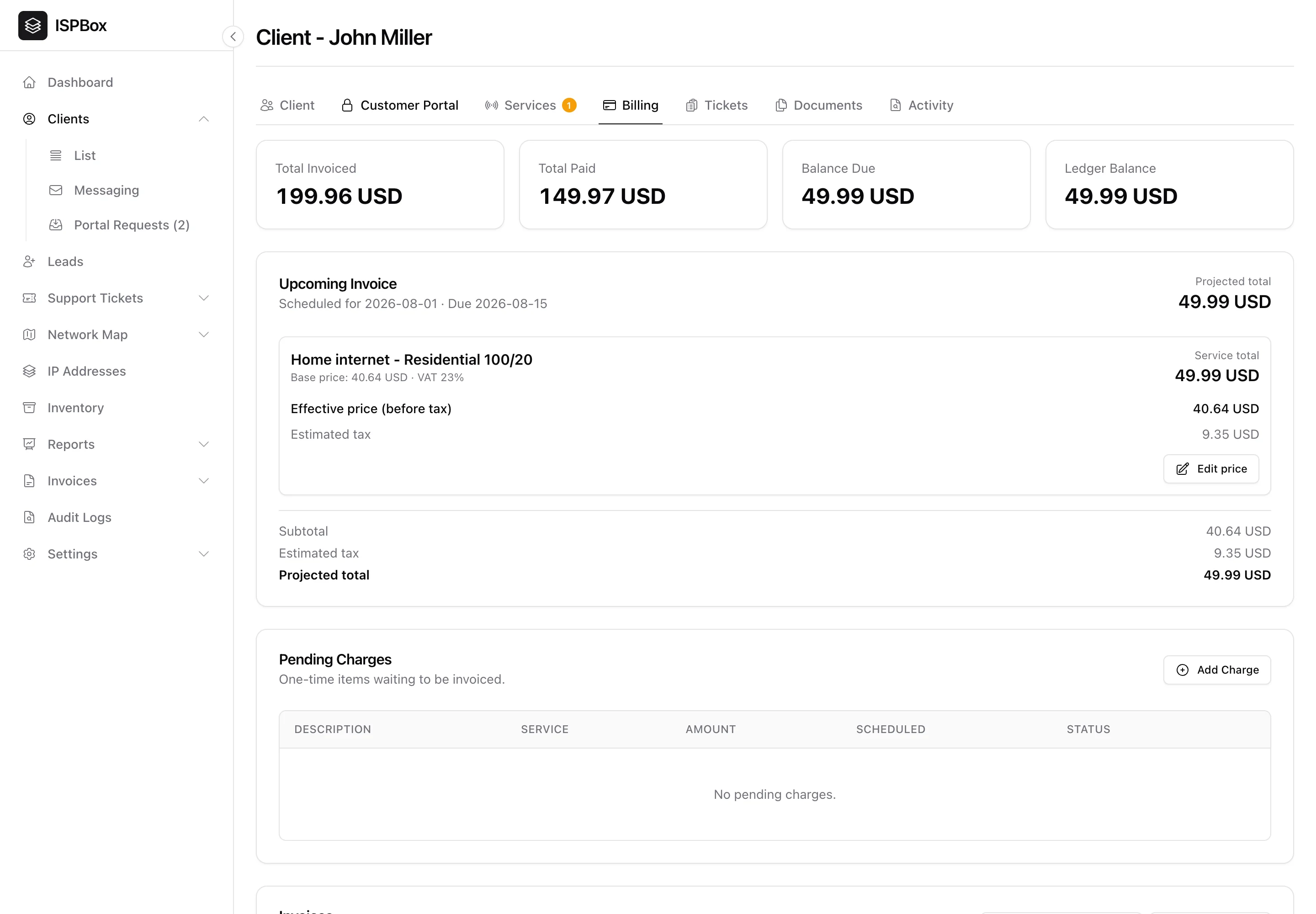 A client's Billing tab: invoiced/paid/balance/ledger KPIs, the upcoming invoice preview and pending charges