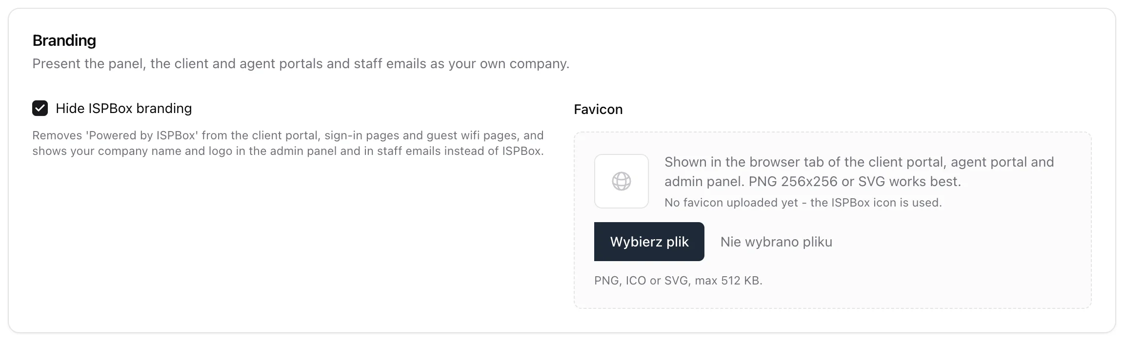 Branding card on Settings and Company with Hide ISPBox branding checked and the favicon upload