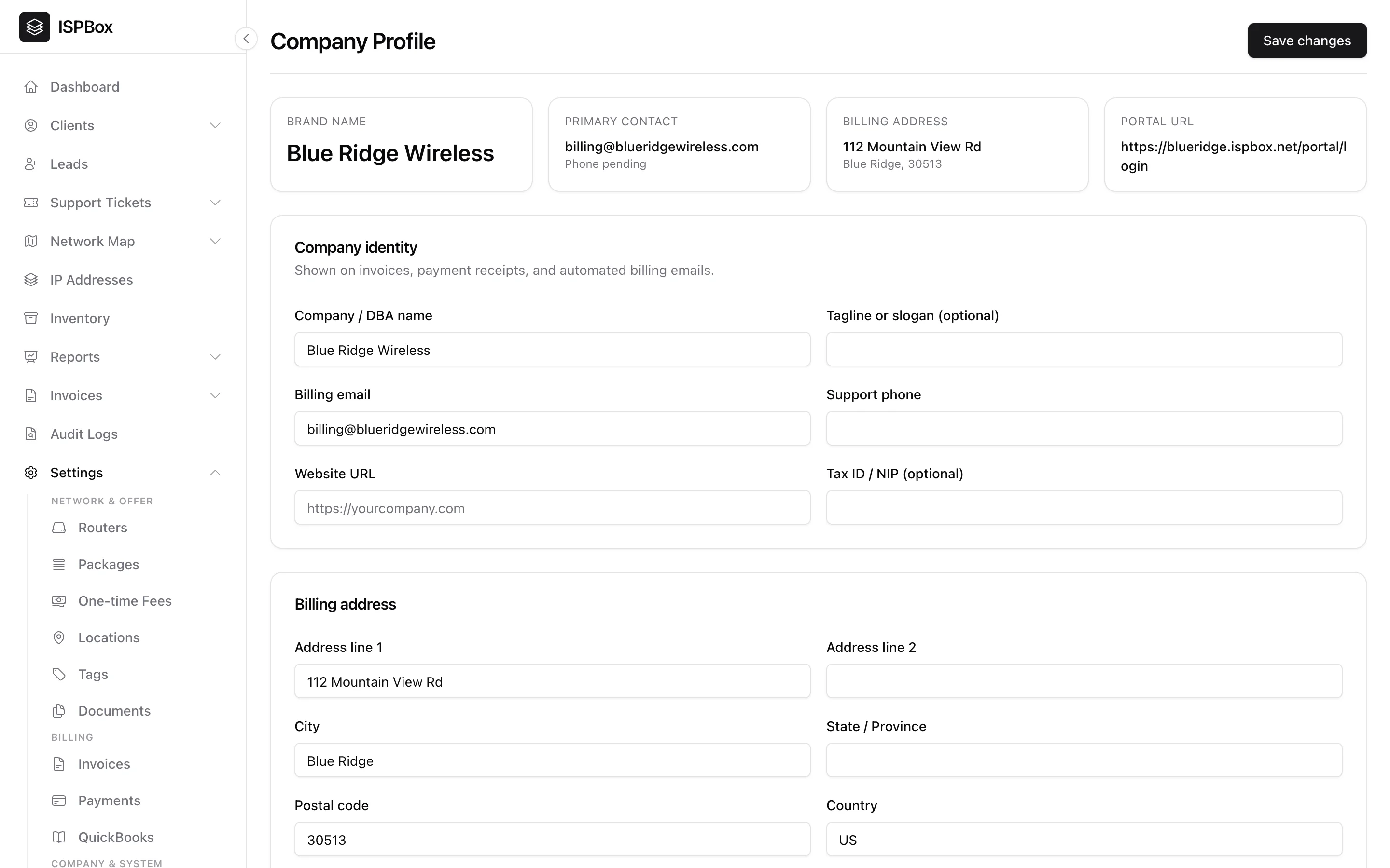 The Company Profile settings page with brand name, contact, billing address and portal URL