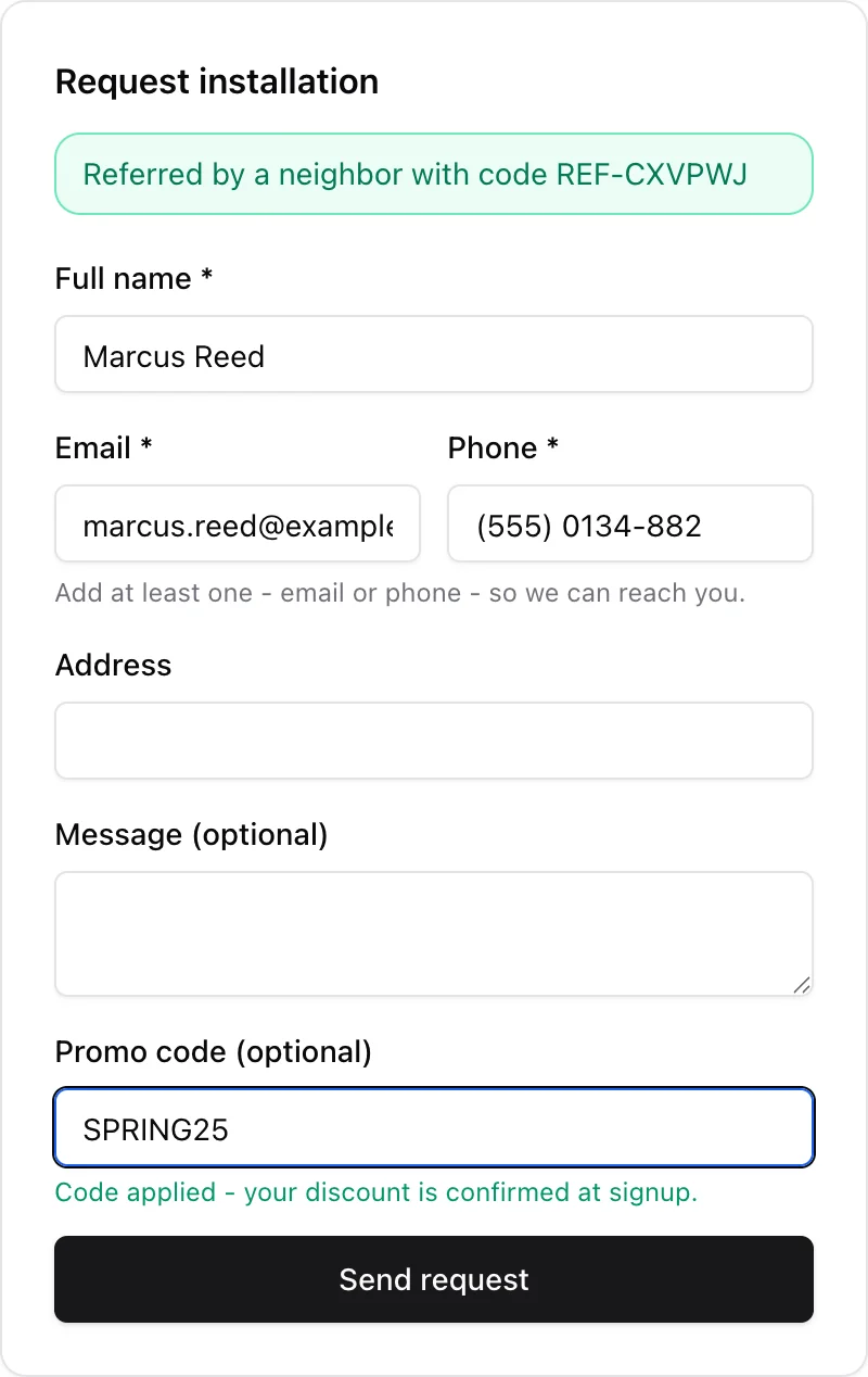 The request form showing a Referred by a neighbor banner and a promo code field with the code accepted