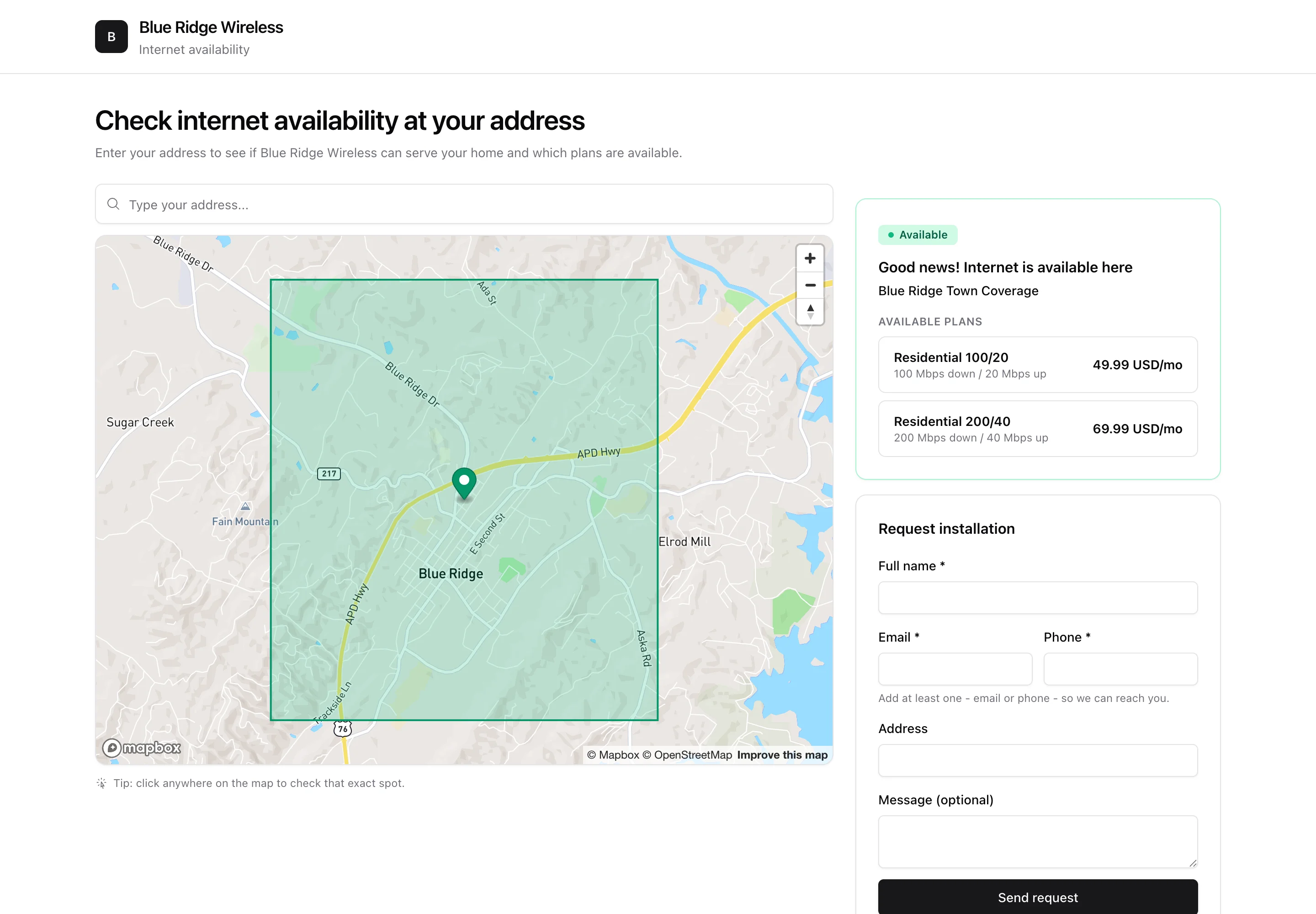 The public coverage checker: a map with a green coverage zone, an Available result with plans, and a request-installation form