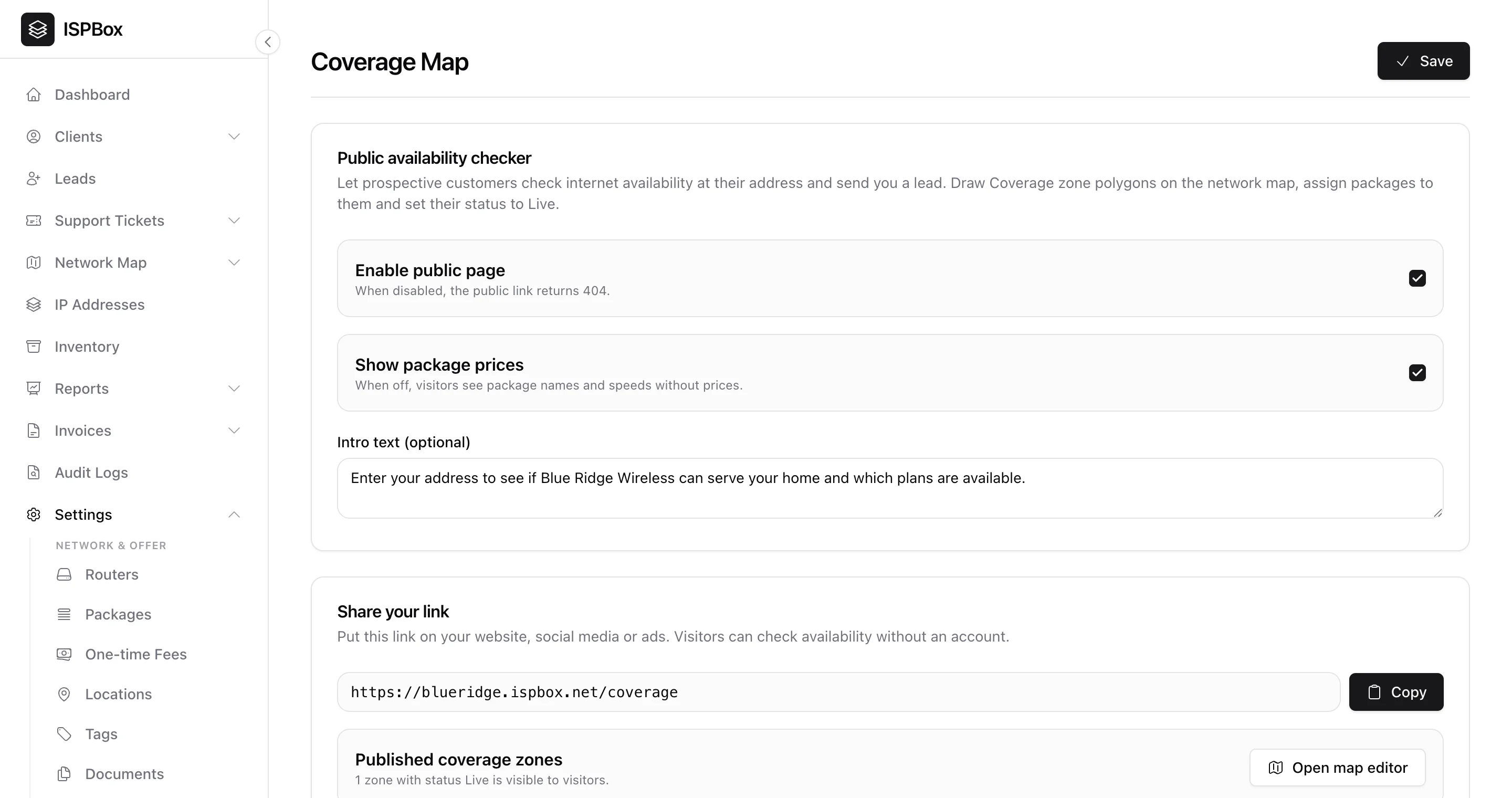 Settings > Coverage Map: enable public page, show package prices, intro text, the shareable link and the published zone count