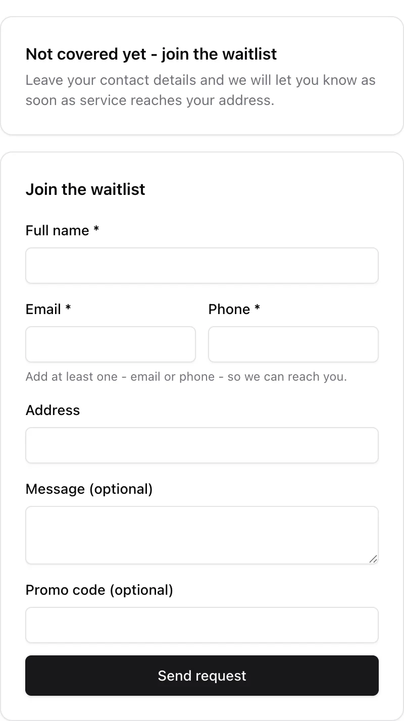 The out-of-coverage result: a Not covered yet - join the waitlist card above a Join the waitlist form