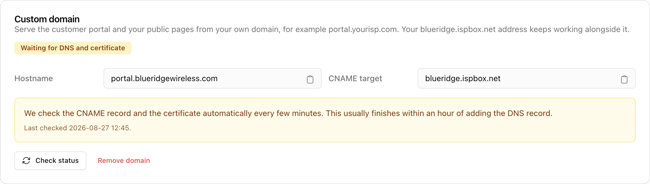 Custom domain card waiting for DNS and certificate, with the Check status button