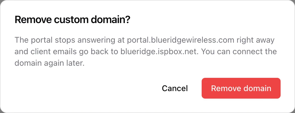 Remove custom domain confirmation dialog