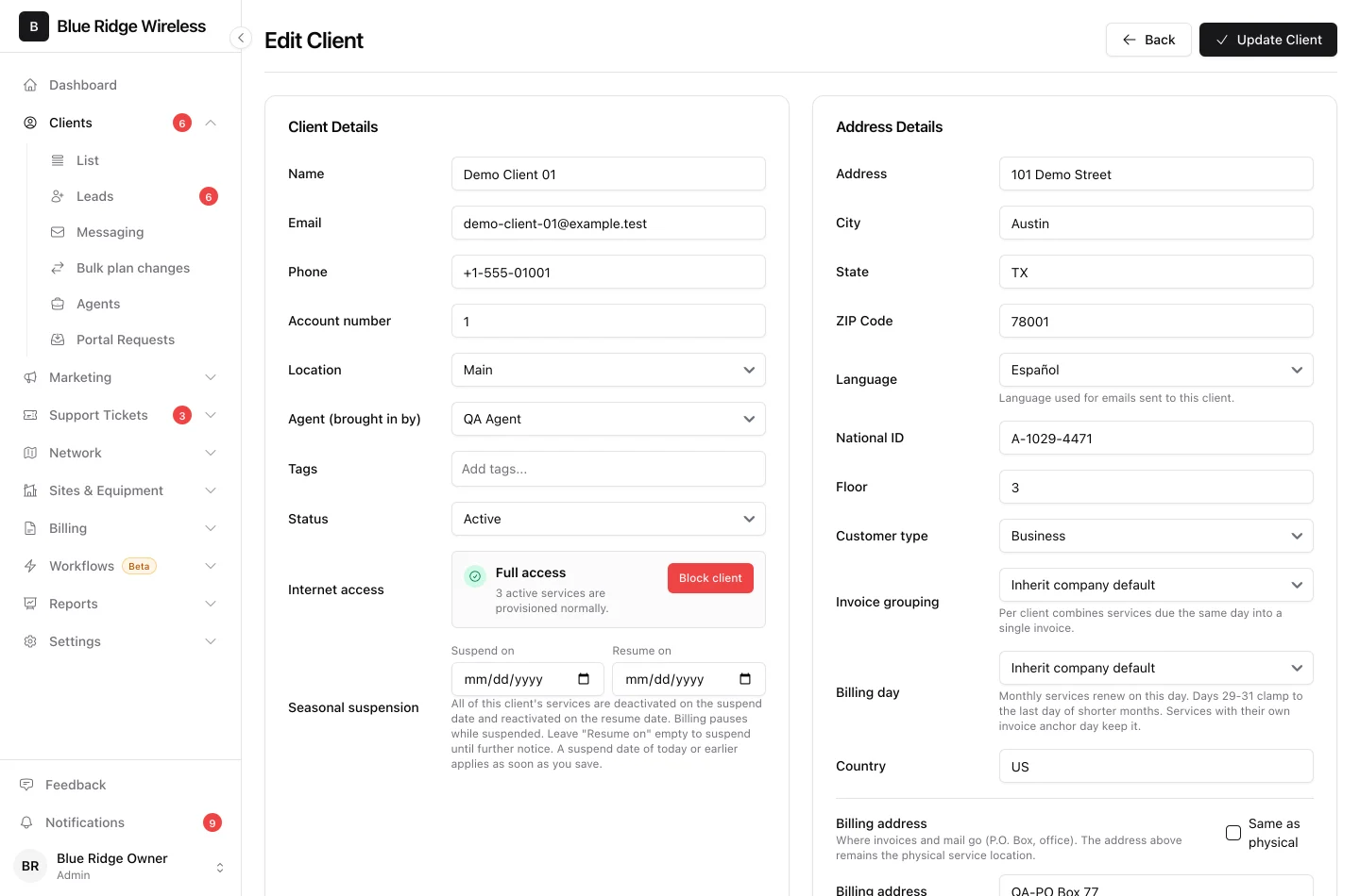 The Edit client form with the three custom fields filled in under Language