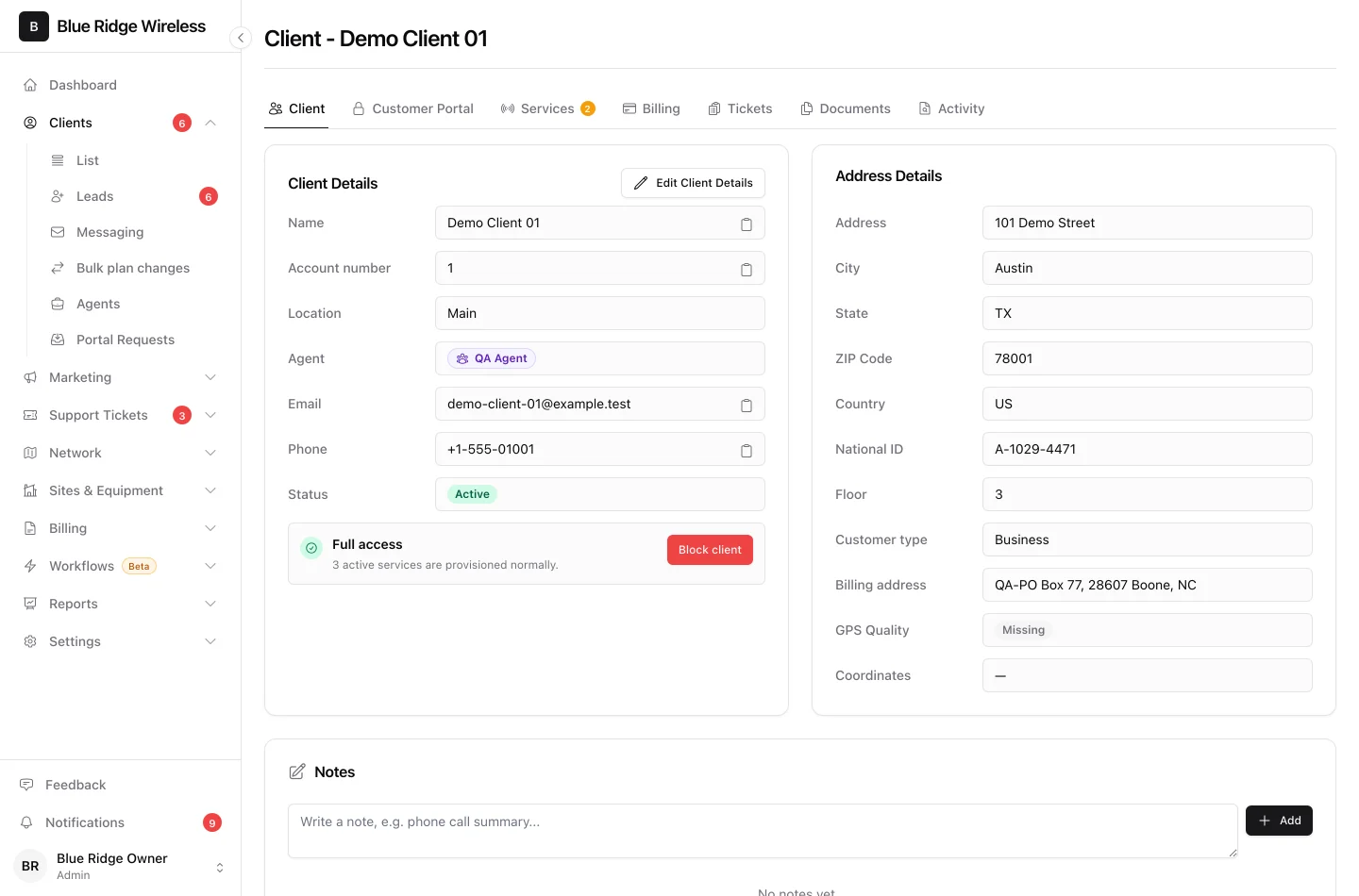 The client profile listing the custom fields under the address