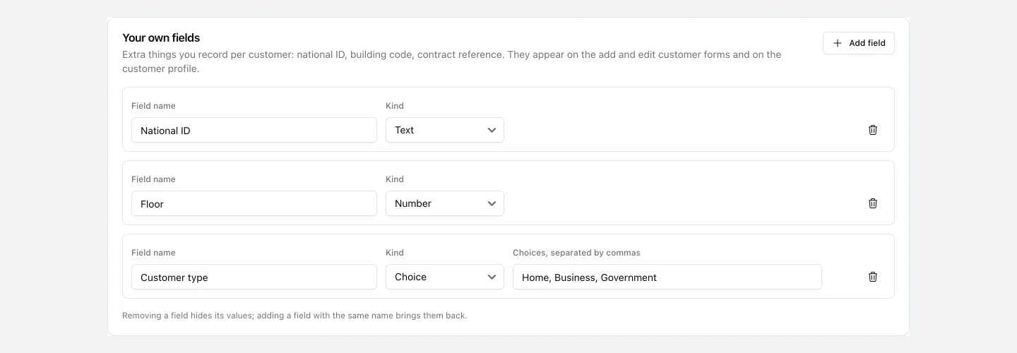 The Customer fields settings page with three fields: a text field, a number and a list of choices