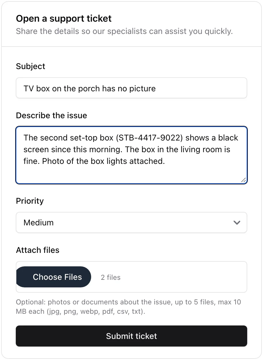 The portal Open a support ticket form with subject, description, priority and an Attach files field with two files chosen