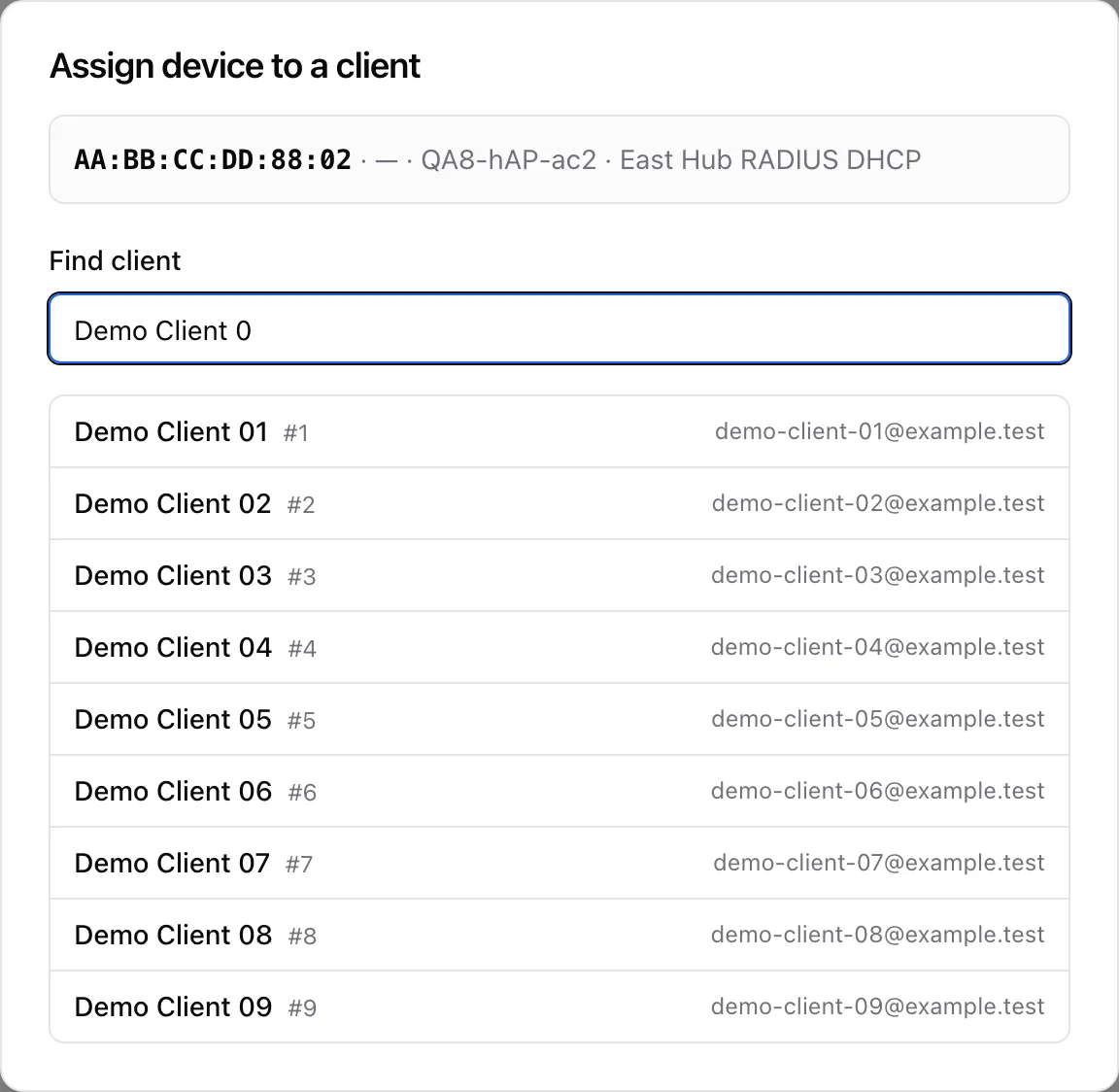Assign device to a client: the device summary with MAC, hostname and router, then a client search with matching customers listed
