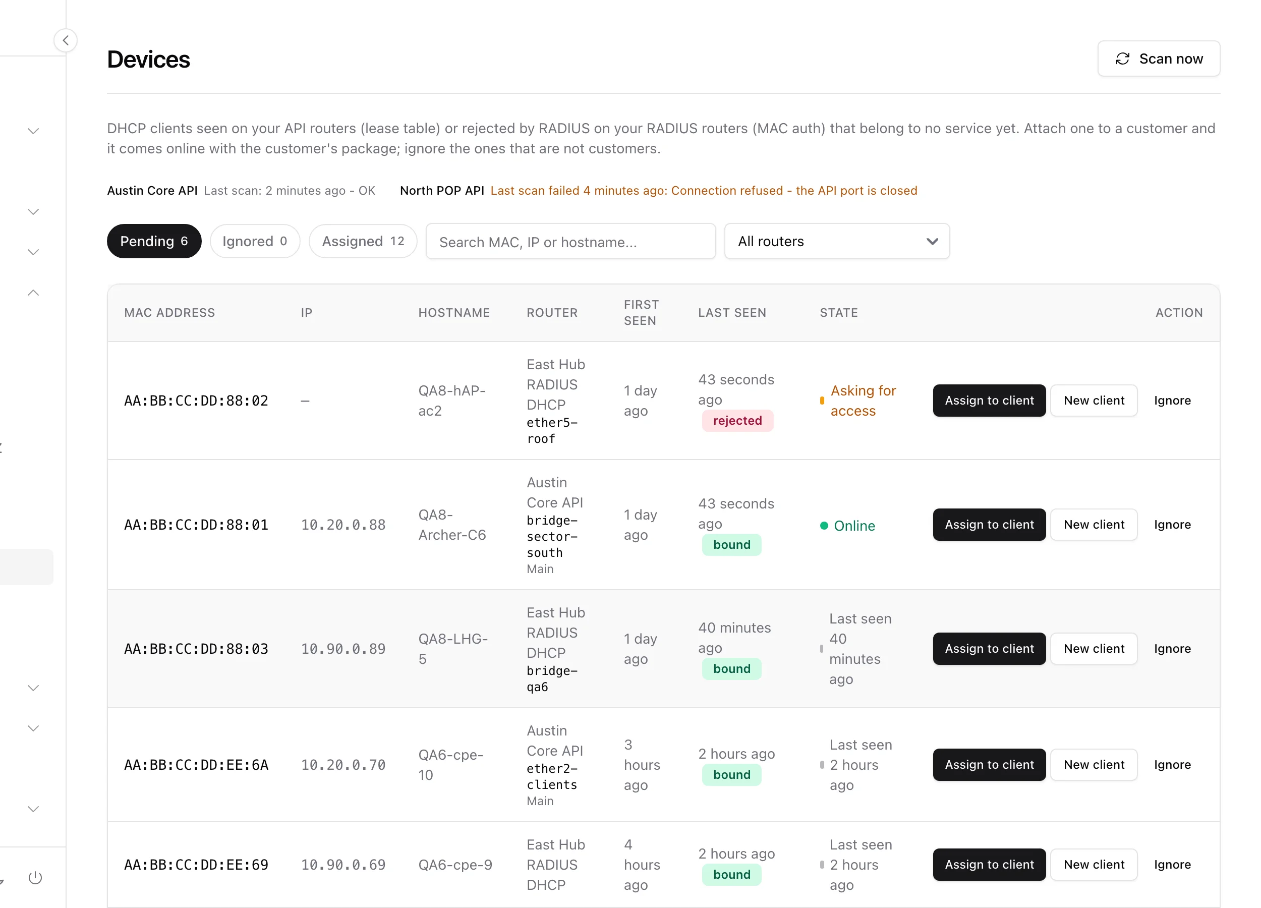 Network > Devices: per-router scan lines, Pending / Ignored / Assigned tabs, and the device table with MAC, IP, hostname, router, interface, first and last seen and the State column