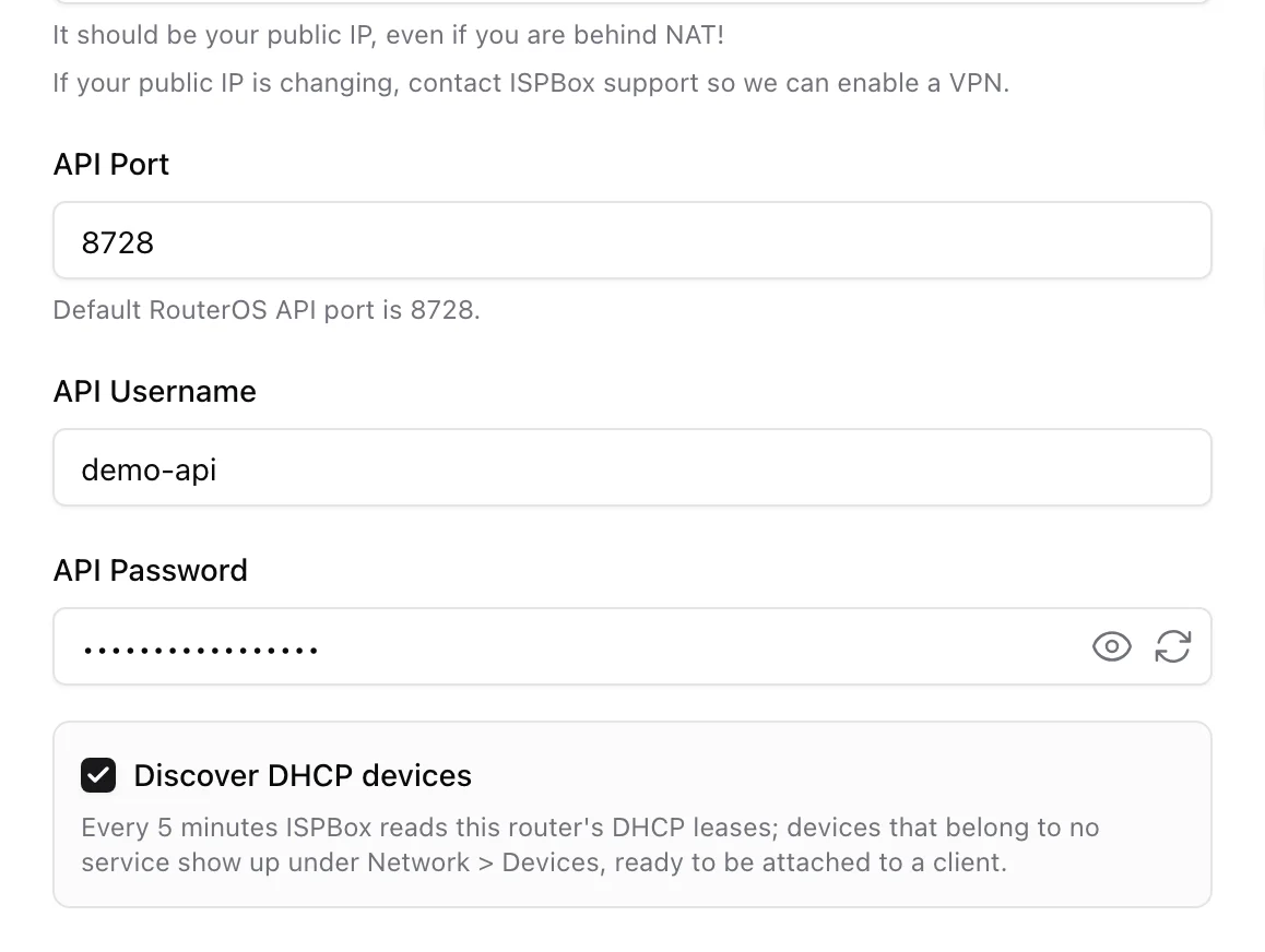 The Discover DHCP devices checkbox in the router's API settings, with the explanation that ISPBox reads the lease table every 5 minutes