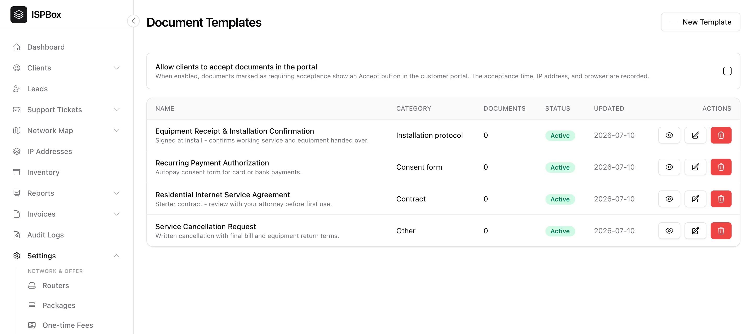 Document Templates: a list of contracts and forms with categories, statuses and a portal-acceptance toggle