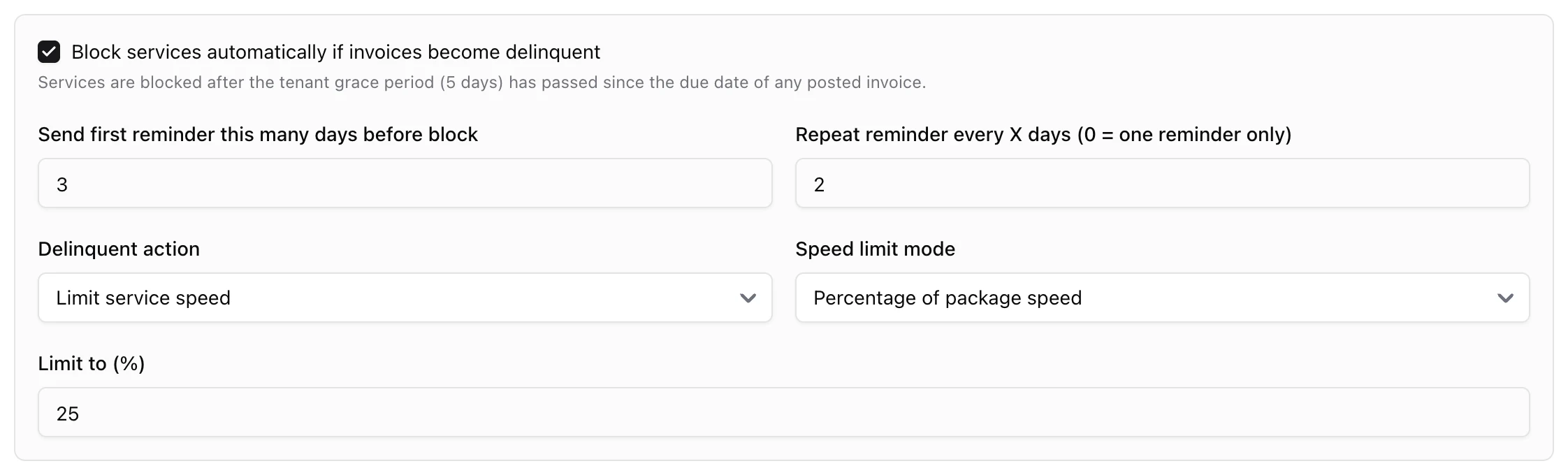 Delinquency automation settings: block toggle, reminder days, delinquent action set to limit speed at 25 percent