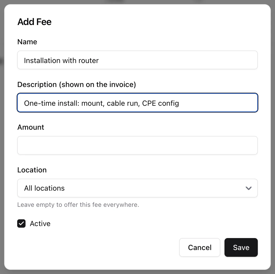 The Add Fee dialog with name, invoice description, amount, location set to All locations, and an Active toggle