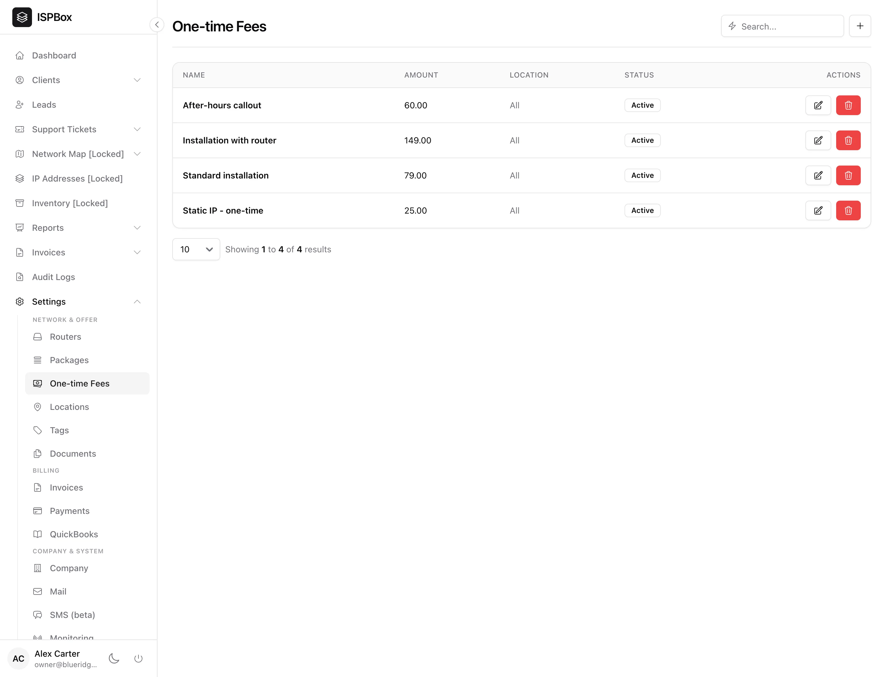 The One-time Fees list showing installation, router, static IP and callout fees, all active and global