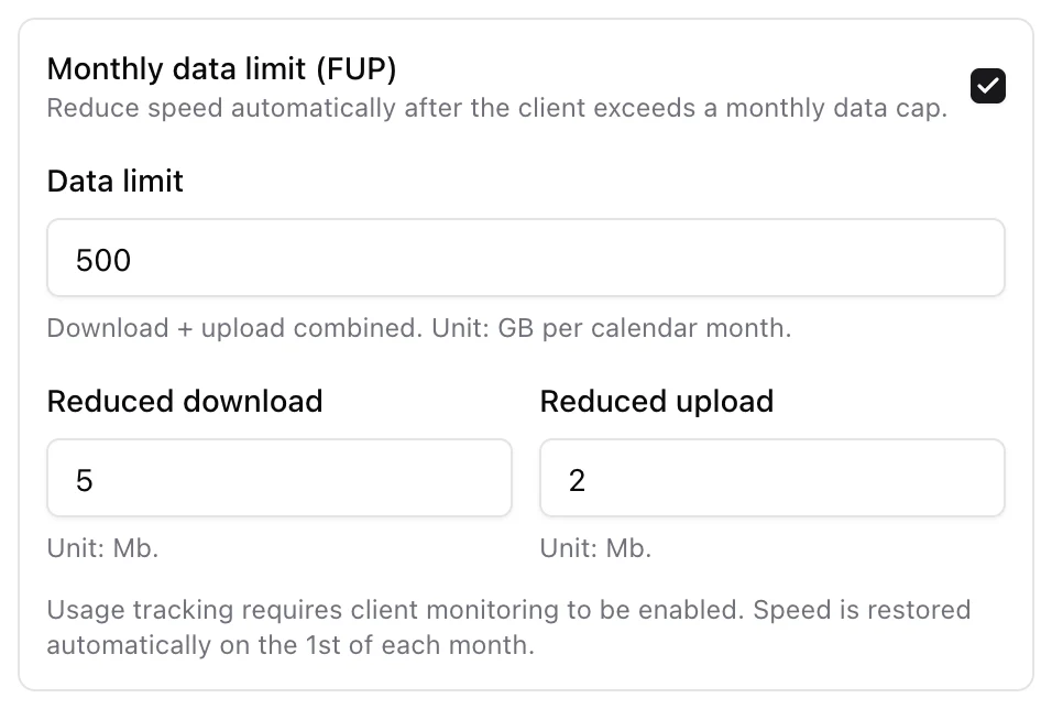 The Monthly data limit (FUP) section of the package form with a 500 GB cap and reduced 5/2 speeds