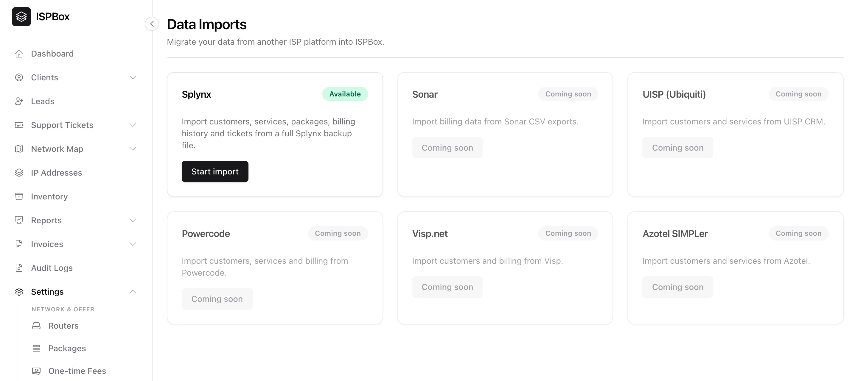 The Data Imports page with Splynx available and other platforms marked coming soon