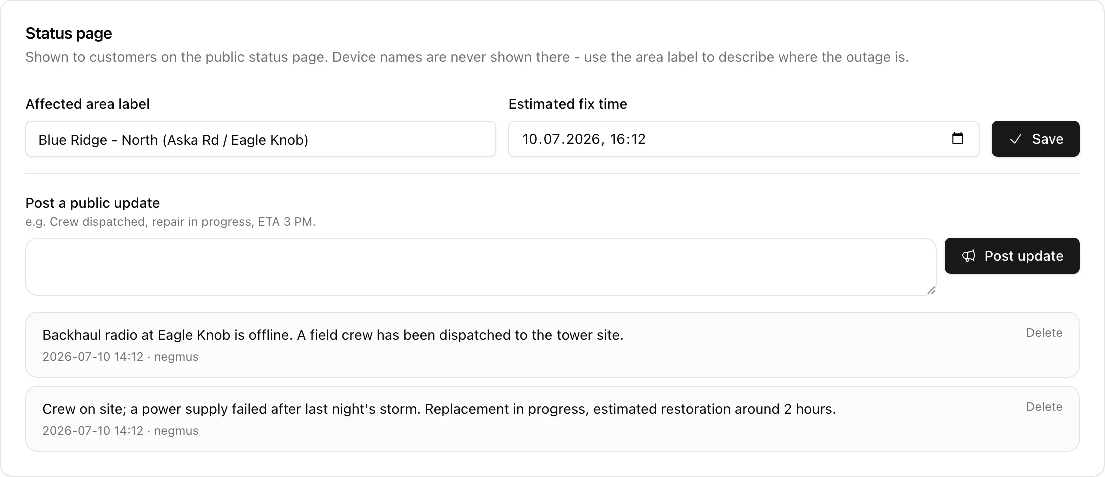 The status page controls on an incident: an affected area label, an estimated fix time, and a feed of public updates