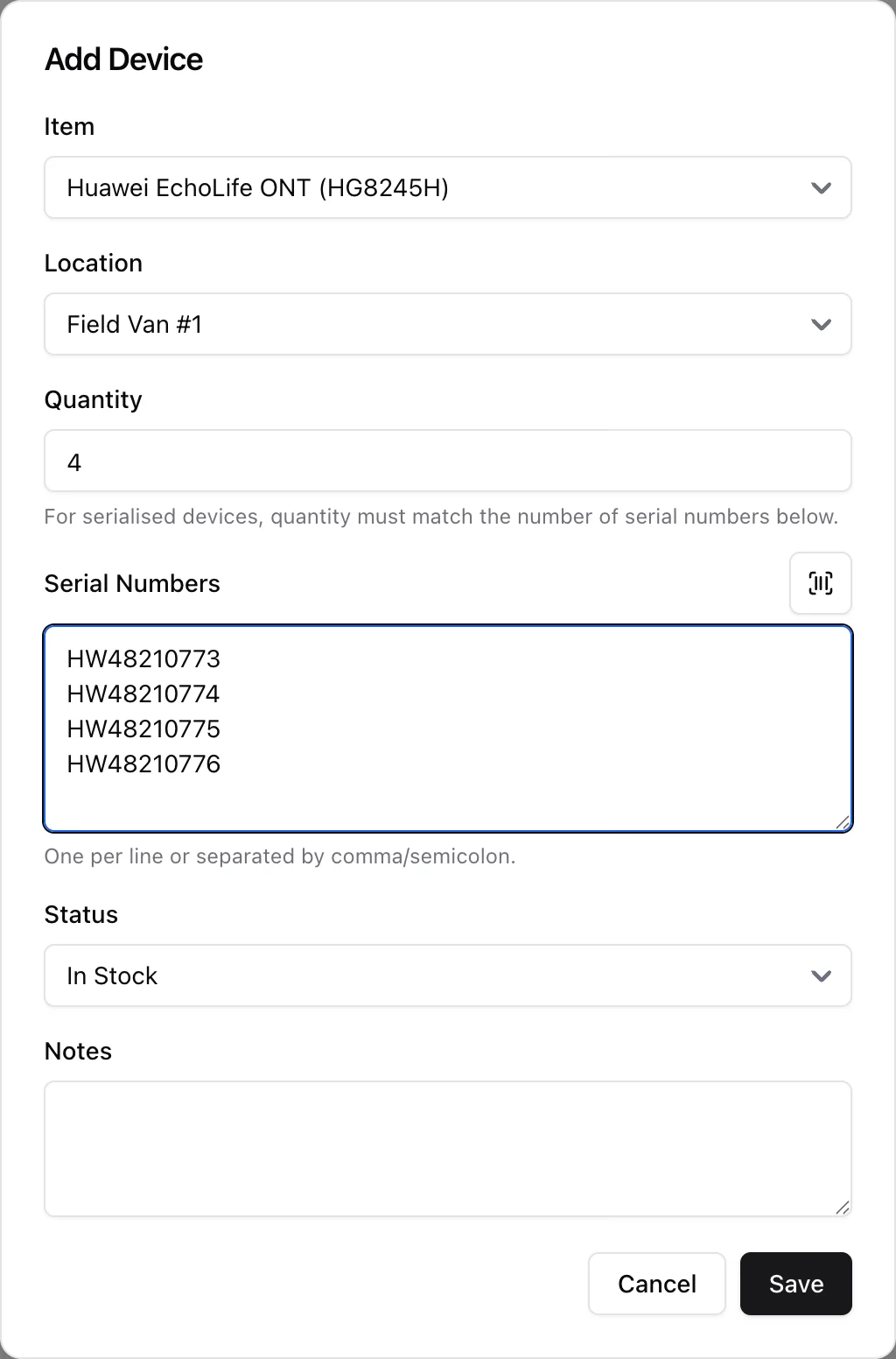 The Add Device dialog with item, location, quantity of four and four serial numbers pasted one per line