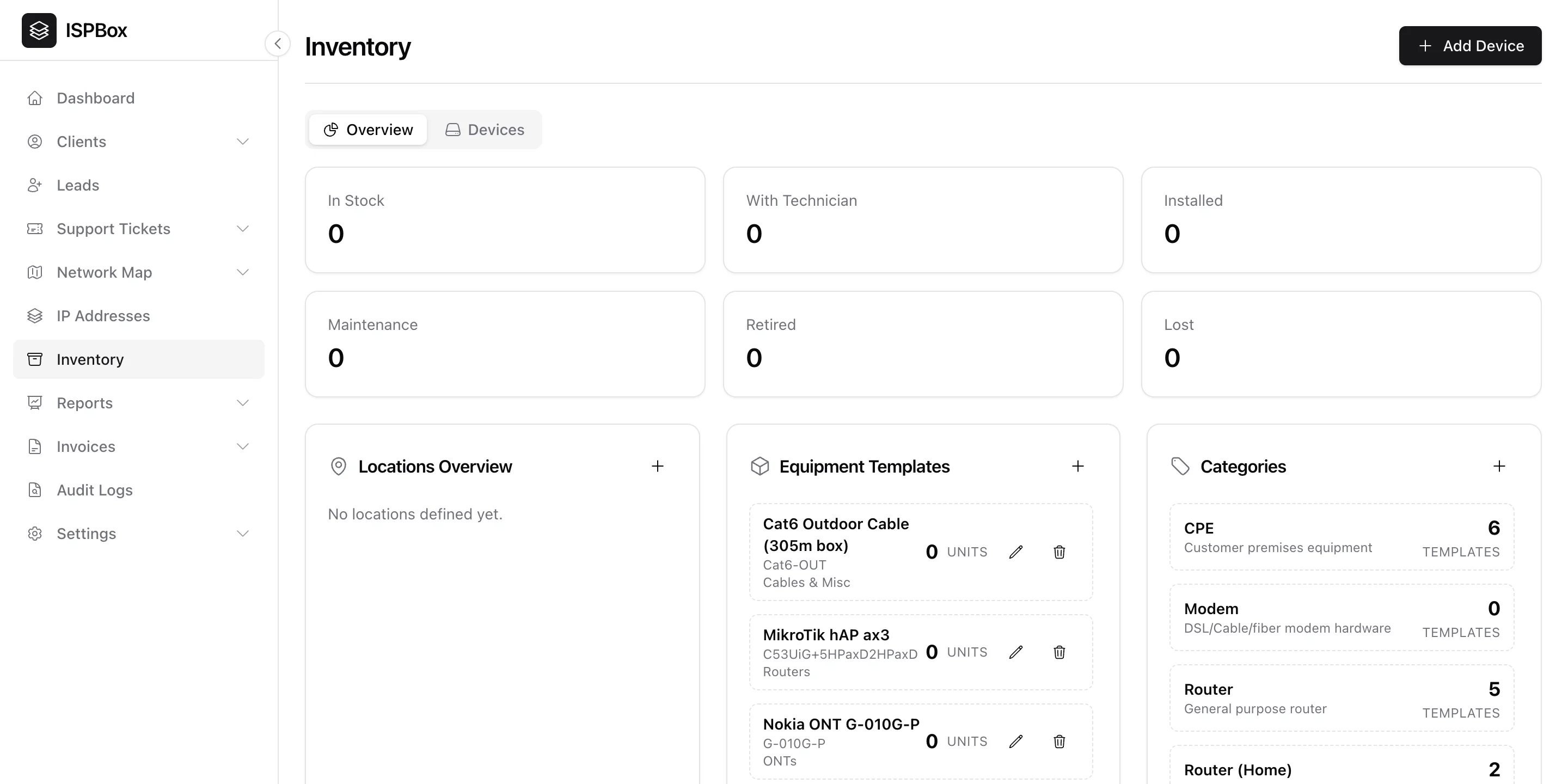 The Inventory overview with stock/installed KPIs, equipment templates and categories