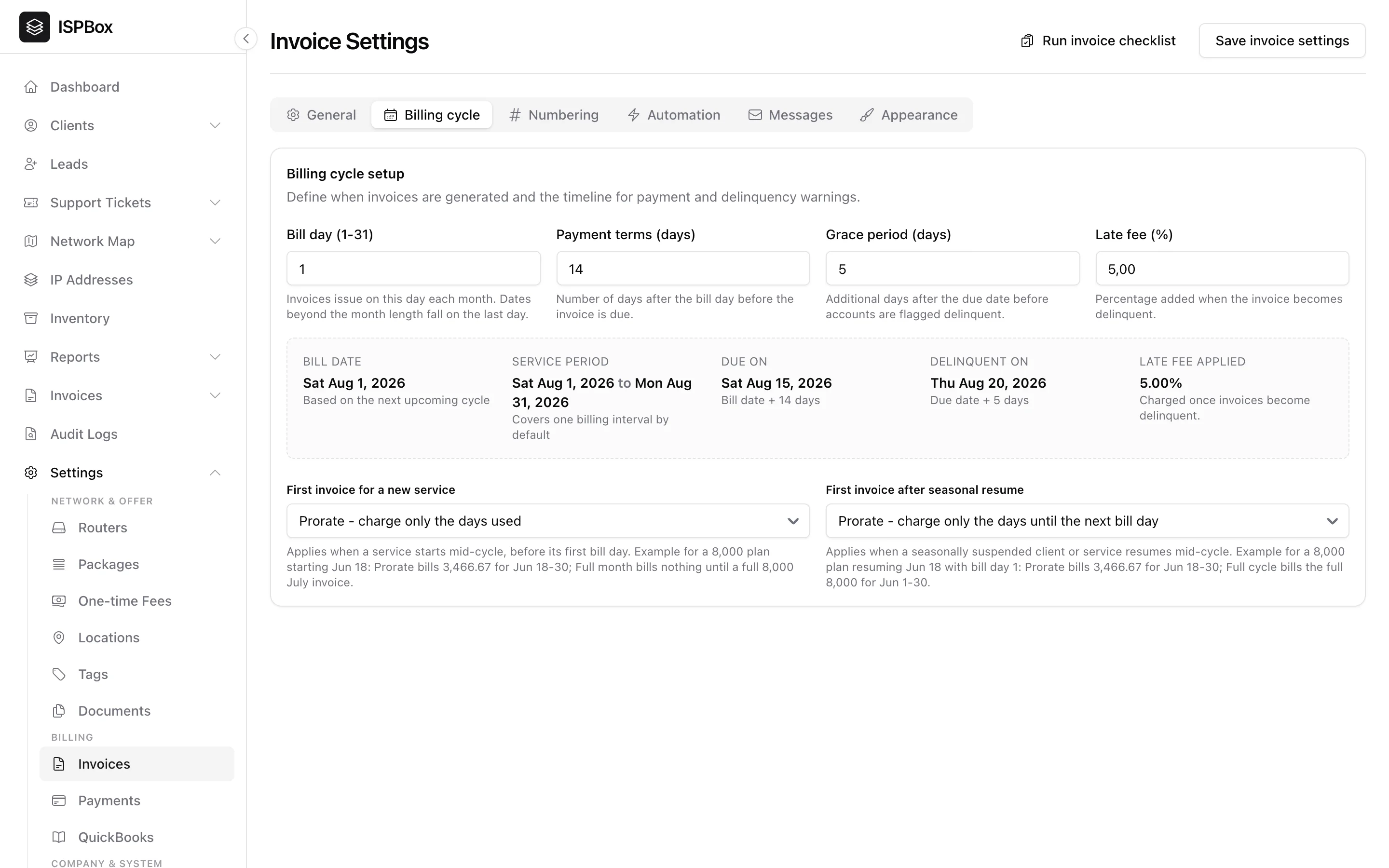 The Billing cycle tab with bill day, payment terms, grace period and late fee, plus a live timeline preview