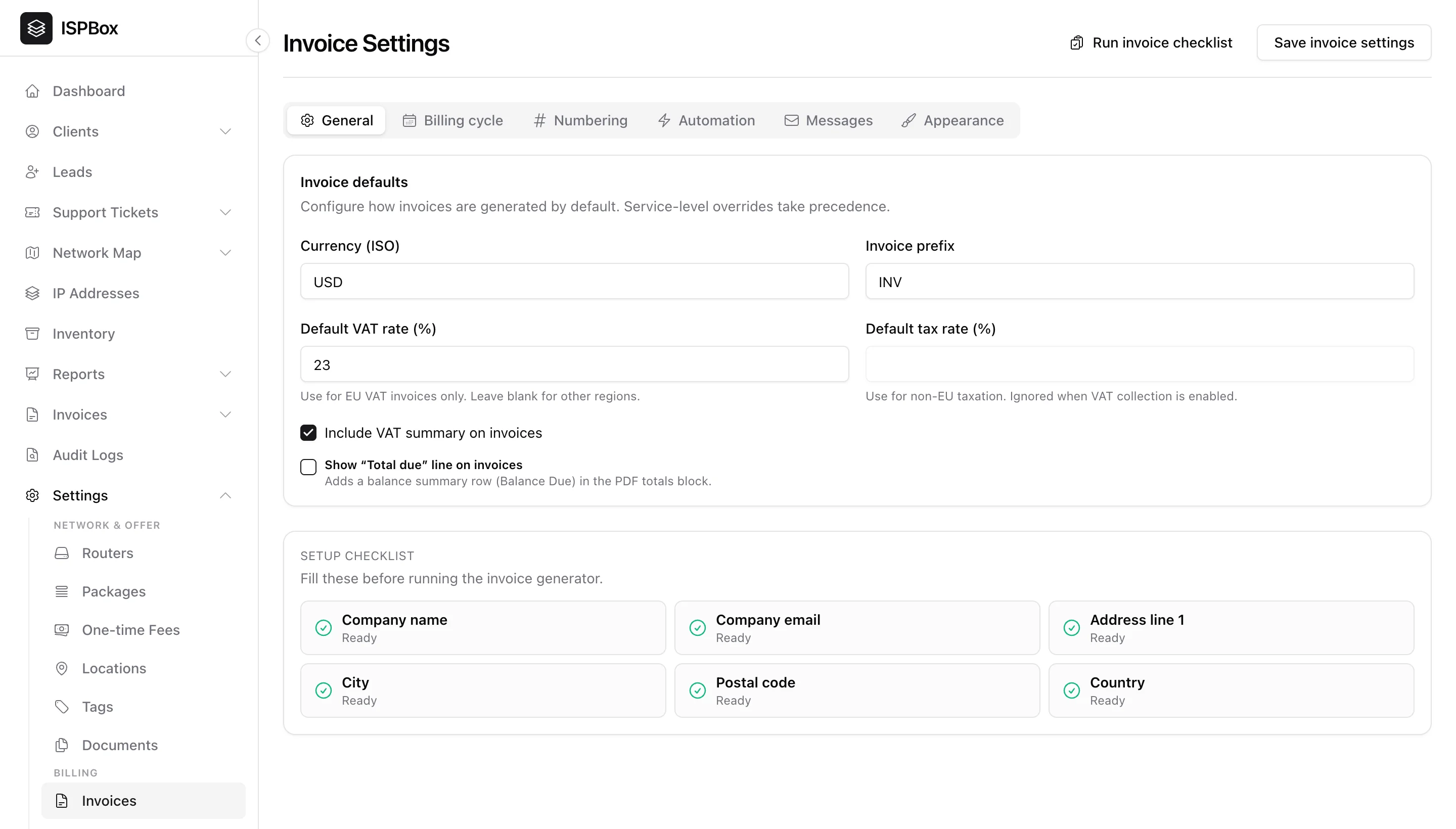 The Invoice Settings page showing the tabbed layout: General, Billing cycle, Numbering, Automation, Messages, Appearance