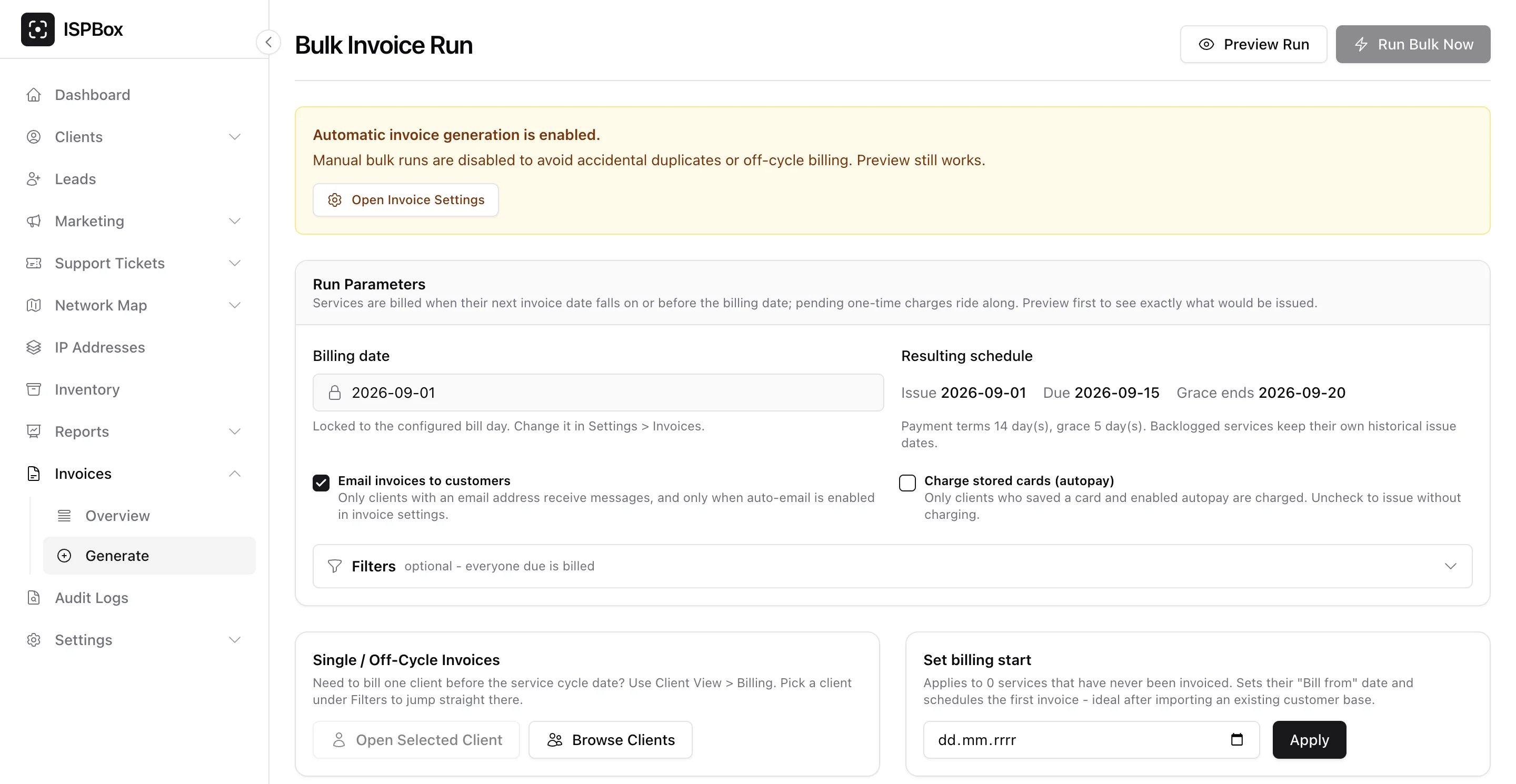 The Bulk Invoice Run page with automatic generation enabled: Run Bulk Now greyed out, the billing date locked to the configured bill day, and the two run options
