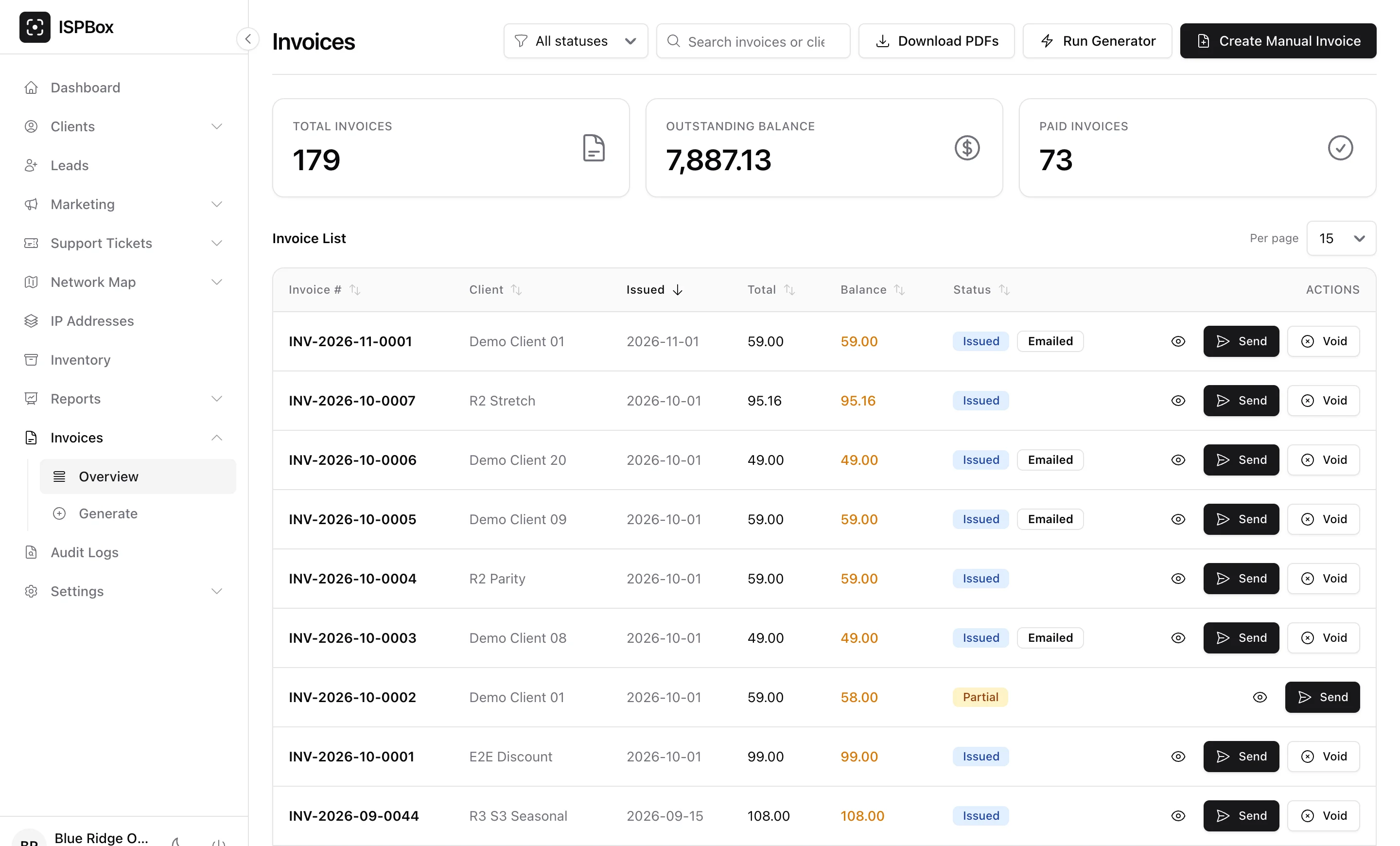 The Invoices overview: total, outstanding and paid KPIs above a filterable invoice list with Emailed badges and per-row Send and Void actions