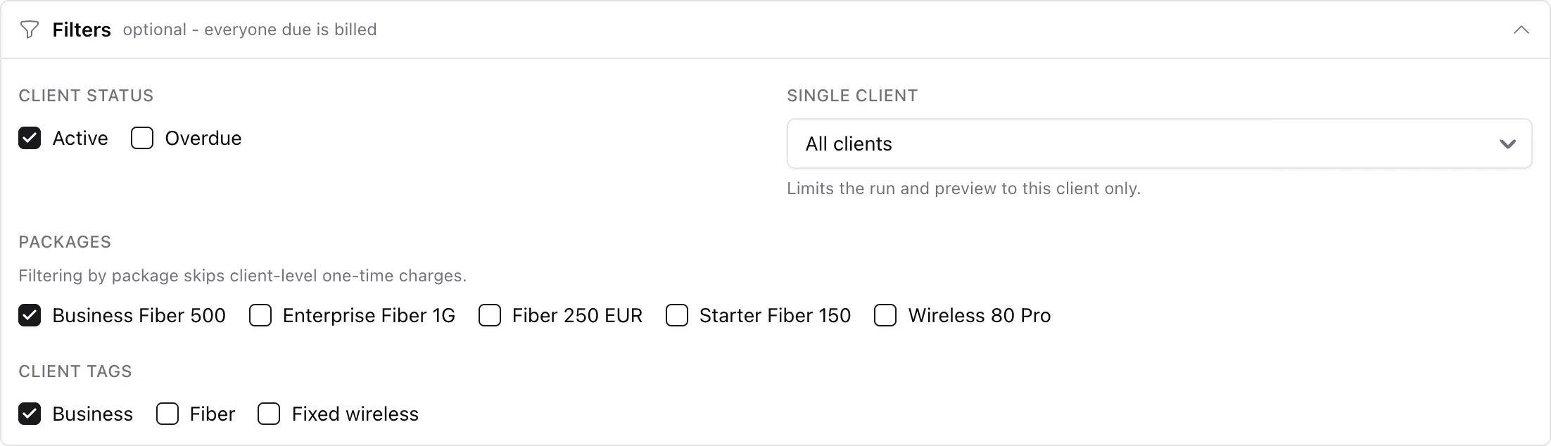 The Filters panel of the bulk run with client status, single client, package and client tag filters
