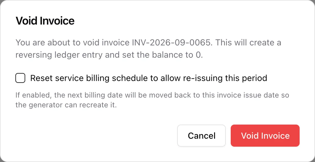 The Void Invoice dialog with the option to reset the service billing schedule so the period can be re-issued