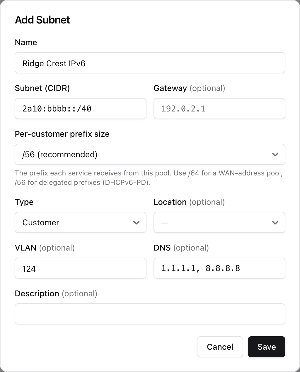 The Add Subnet dialog after typing an IPv6 CIDR: a Per-customer prefix size select appears, defaulting to /56